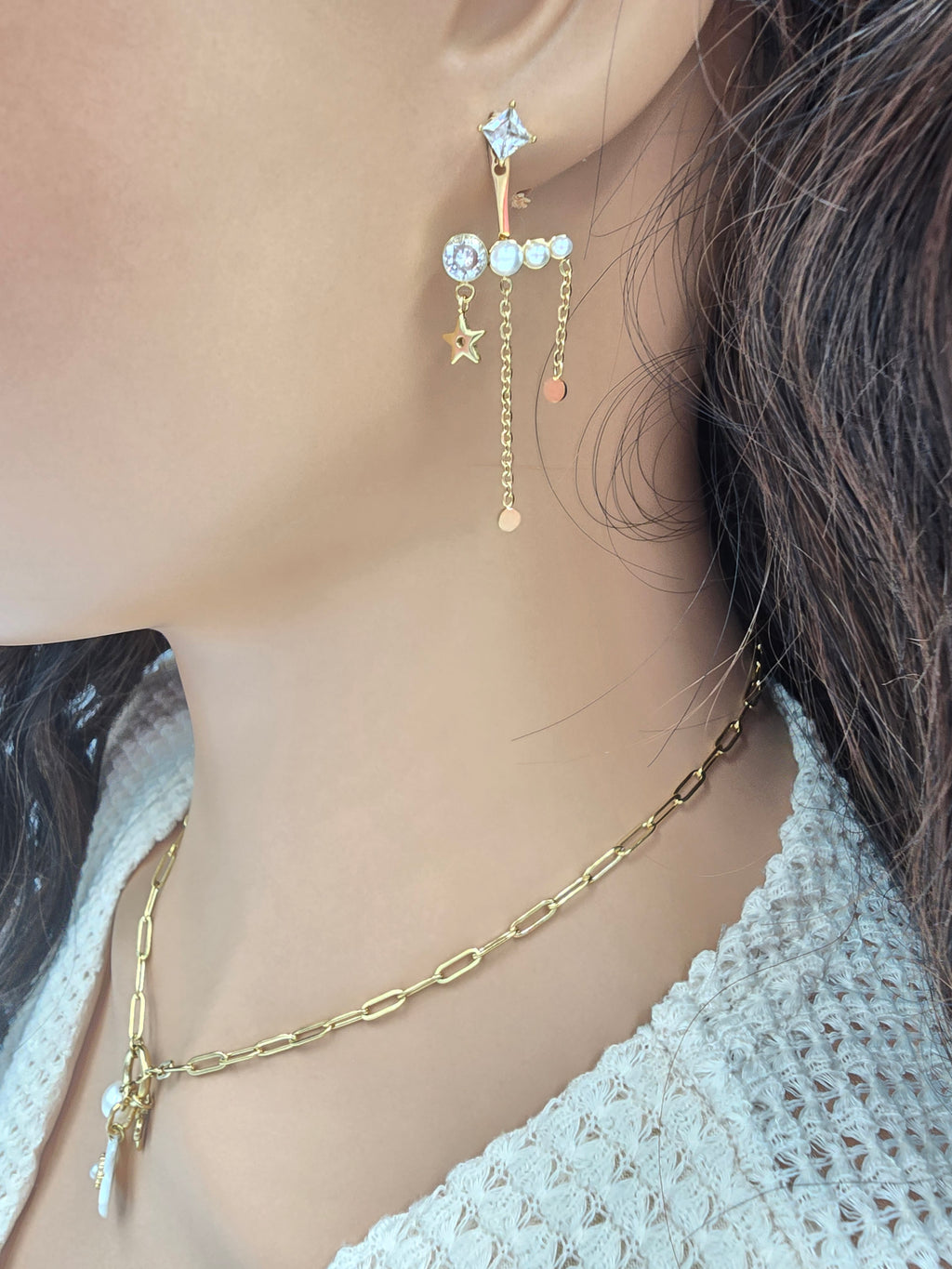 Boucles d'Oreilles MARGIE Puces Cristal Carré Interchangeable Acétate Étoile Chaînes | Or et Âme Bijoux