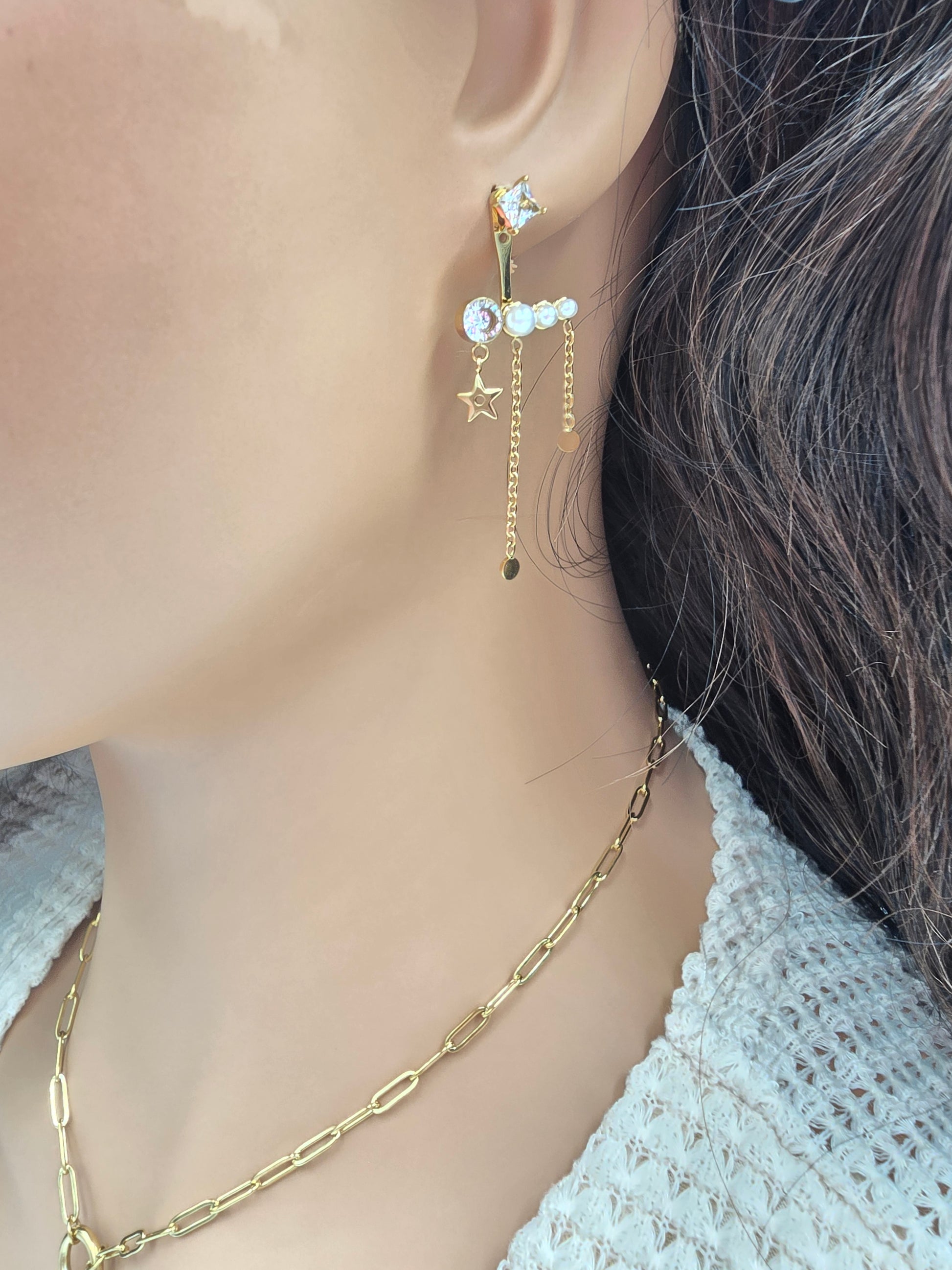 Boucles d'Oreilles MARGIE Puces Cristal Carré Interchangeable Acétate Étoile Chaînes | Or et Âme Bijoux