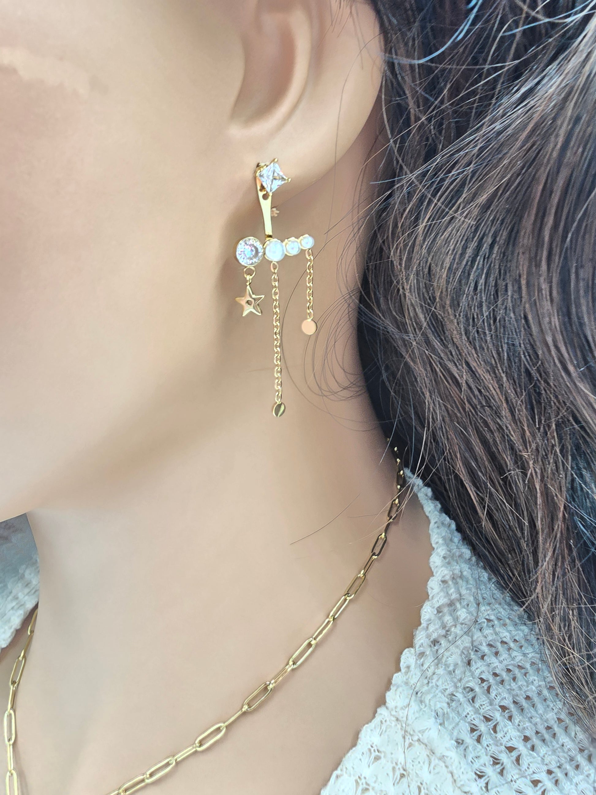 Boucles d'Oreilles MARGIE Puces Cristal Carré Interchangeable Acétate Étoile Chaînes | Or et Âme Bijoux