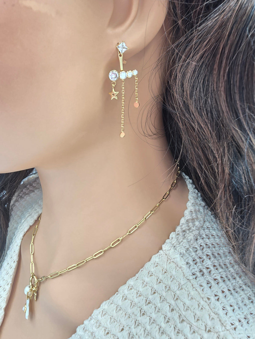 Boucles d'Oreilles MARGIE Puces Cristal Carré Interchangeable Acétate Étoile Chaînes | Or et Âme Bijoux