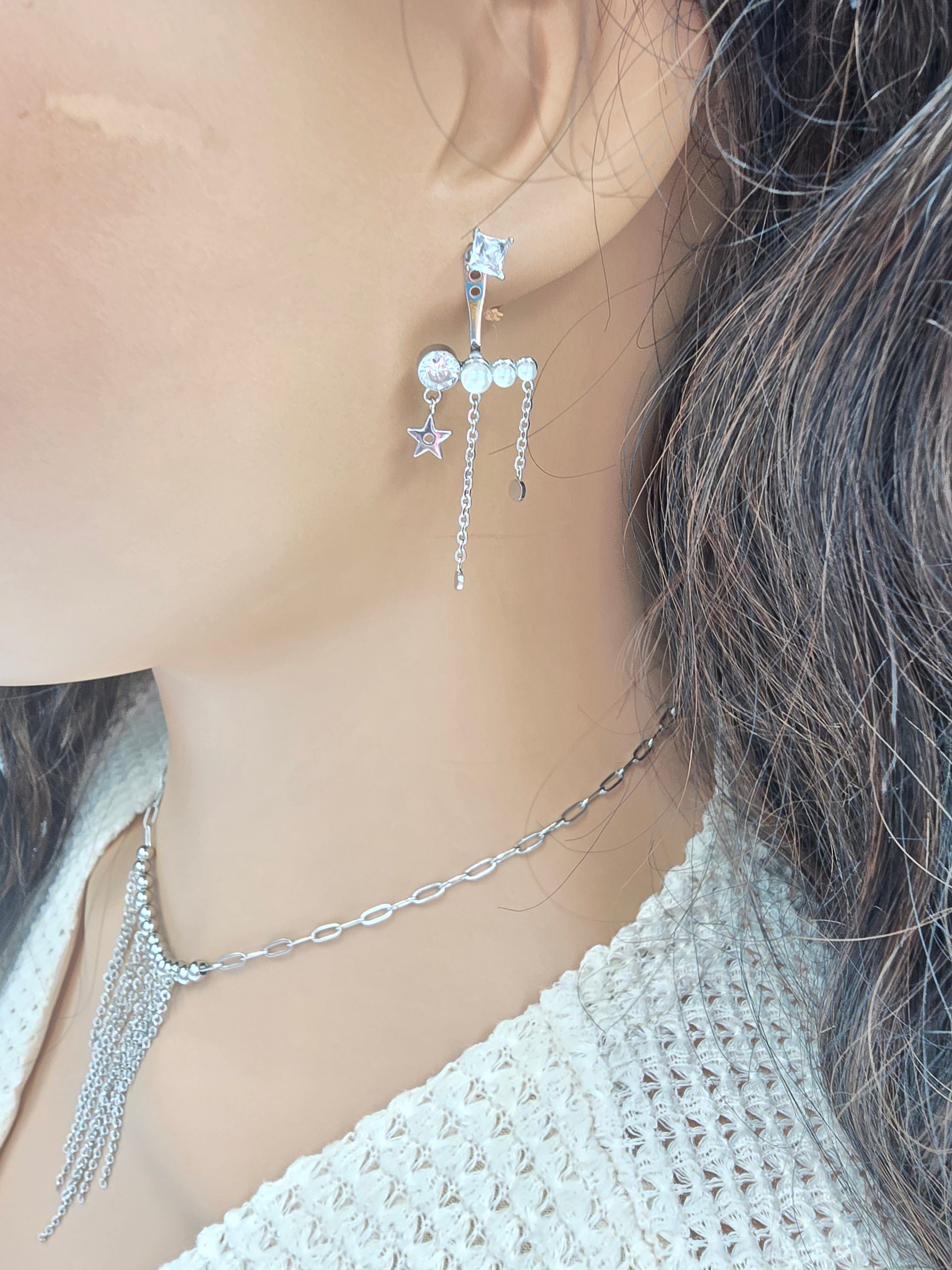 Boucles d'Oreilles MARGIE Puces Cristal Carré Interchangeable Acétate Étoile Chaînes | Or et Âme Bijoux