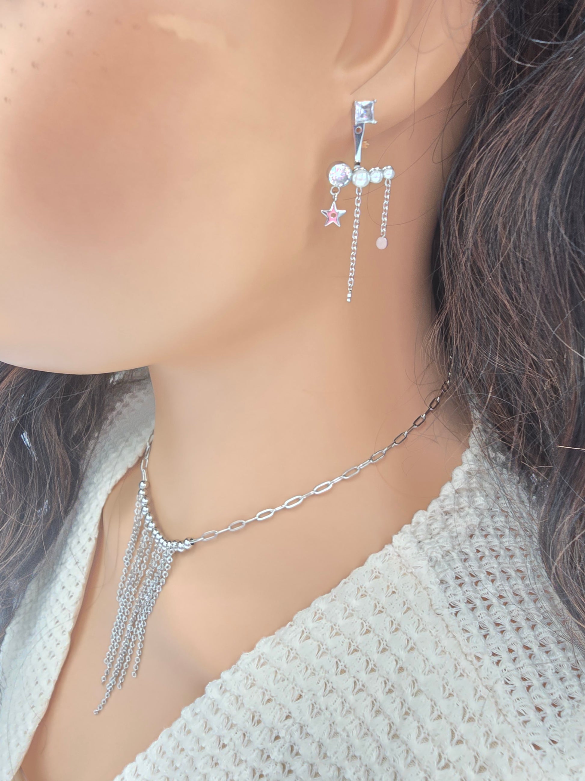 Boucles d'Oreilles MARGIE Puces Cristal Carré Interchangeable Acétate Étoile Chaînes | Or et Âme Bijoux