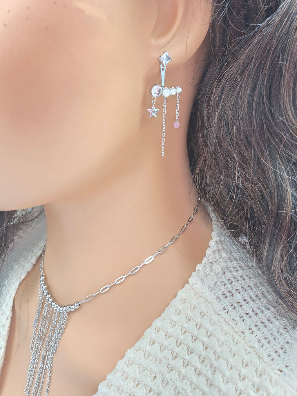 Boucles d'Oreilles MARGIE Puces Cristal Carré Interchangeable Acétate Étoile Chaînes | Or et Âme Bijoux