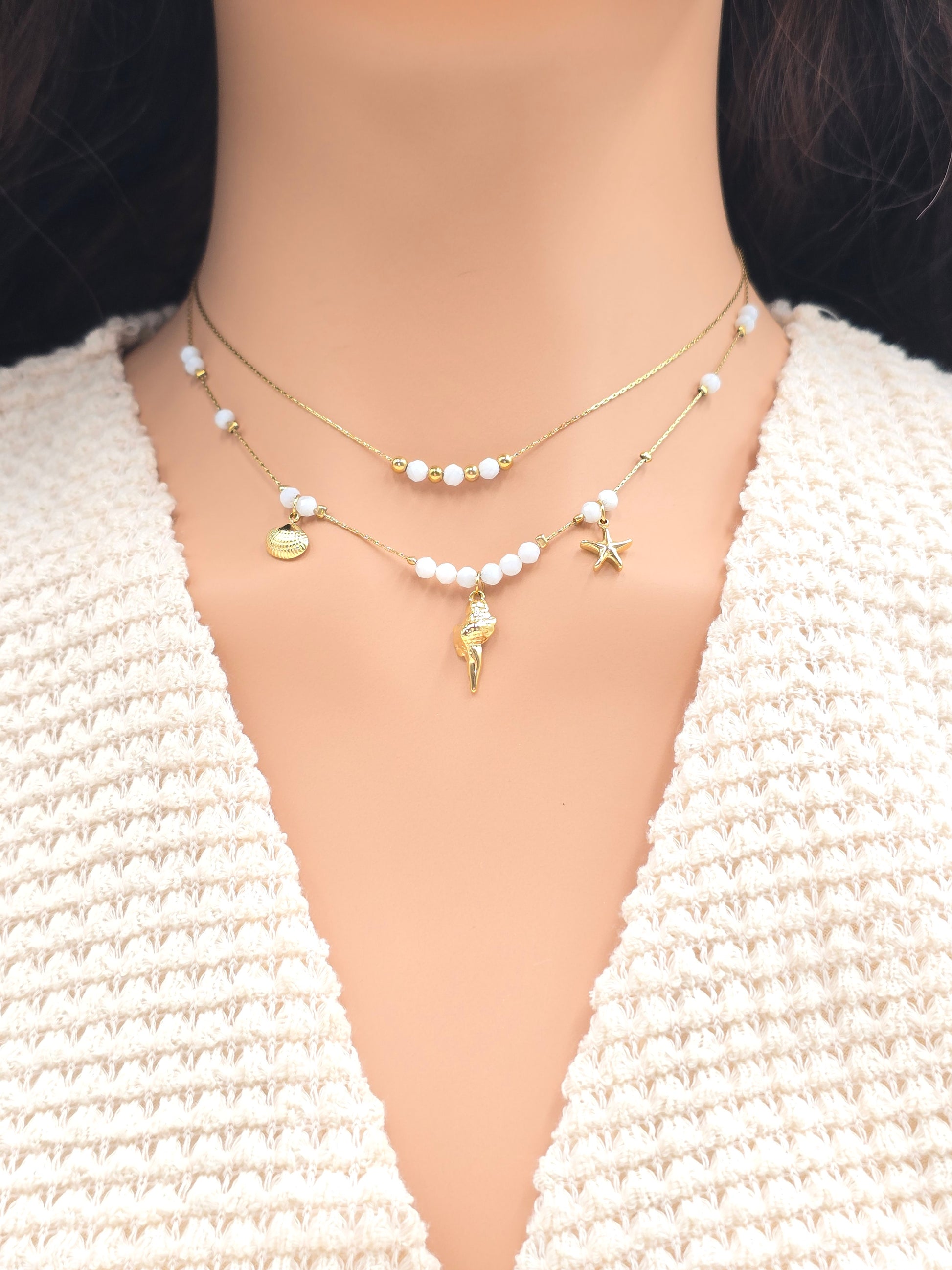 Colier double rang pierre de lune et pendentif de la mer