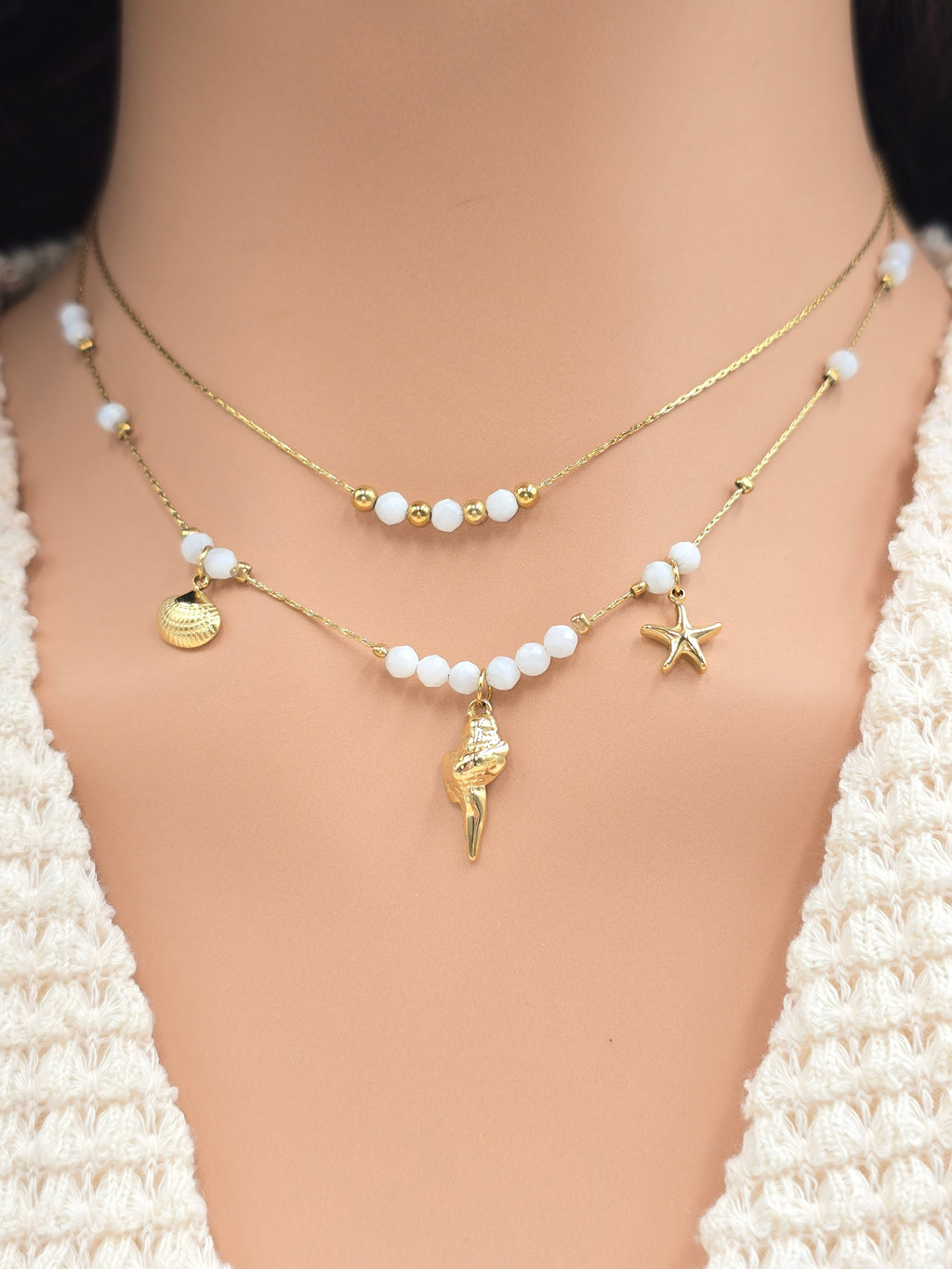 Collier Double Rang IZANE Pierre de Lune Étoile Coquillage Doré | Or et Âme Bijoux