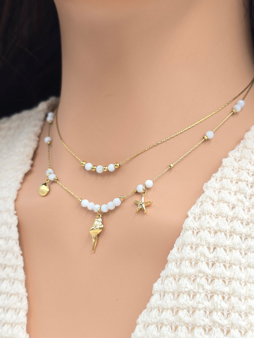 Collier Double Rang IZANE Pierre de Lune Étoile Coquillage Doré | Or et Âme Bijoux