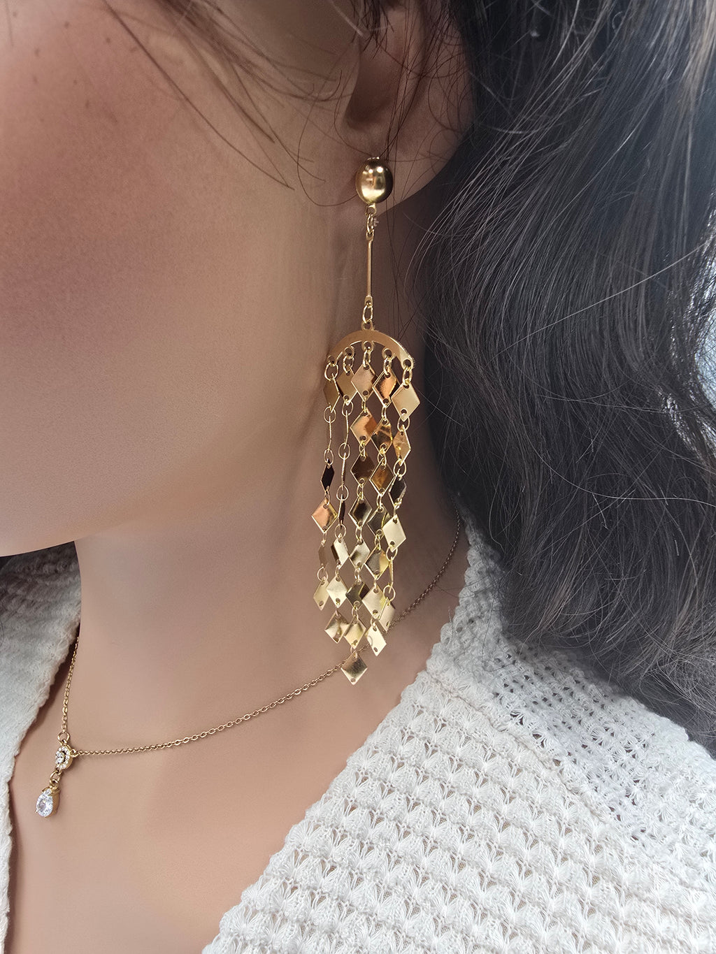Boucles d'Oreilles DINA Cascade - Losanges Dorés & Argentés