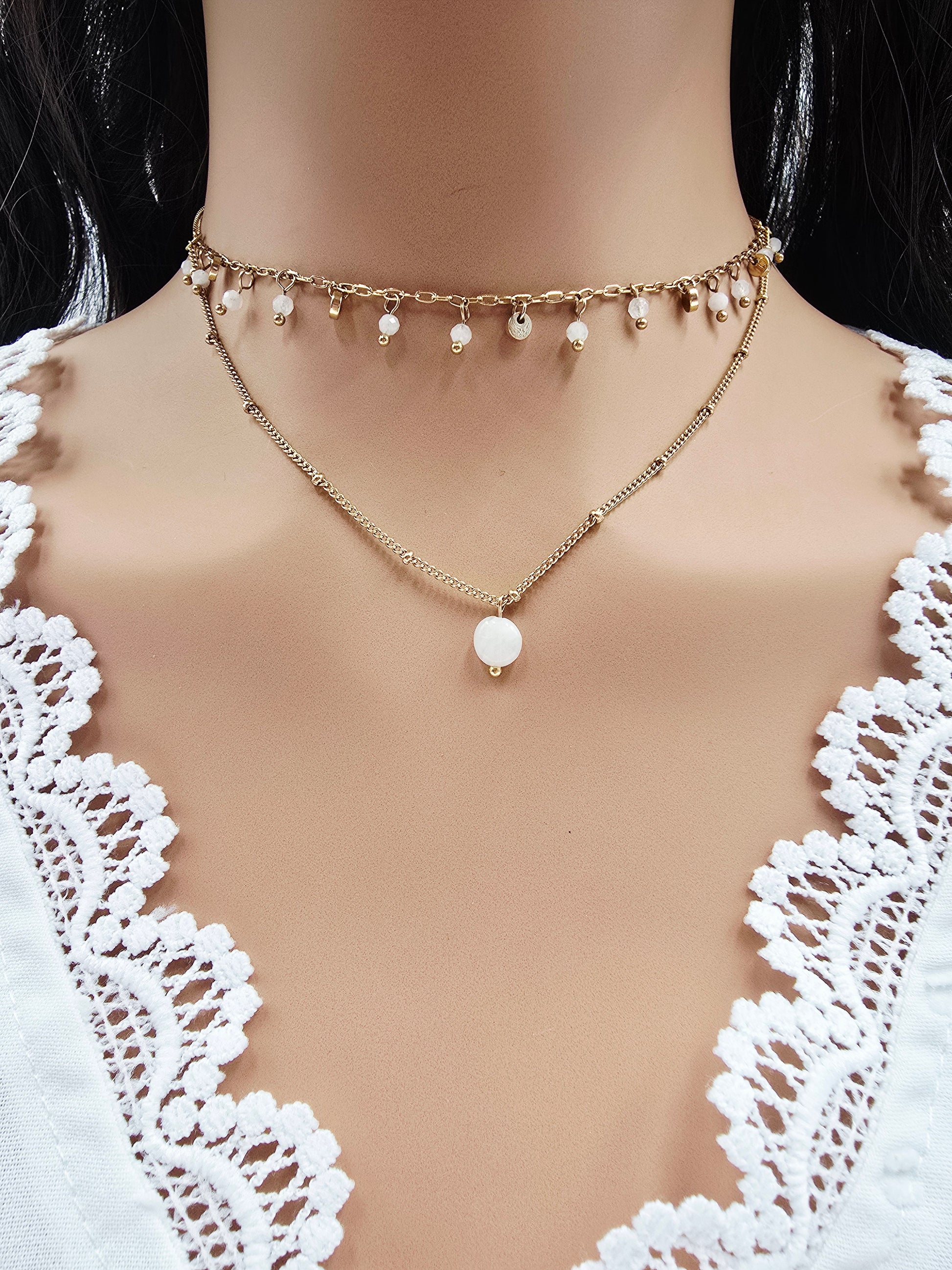 Collier JIM - Double Rang Pierre de Lune - 2 Chaînes Dorées