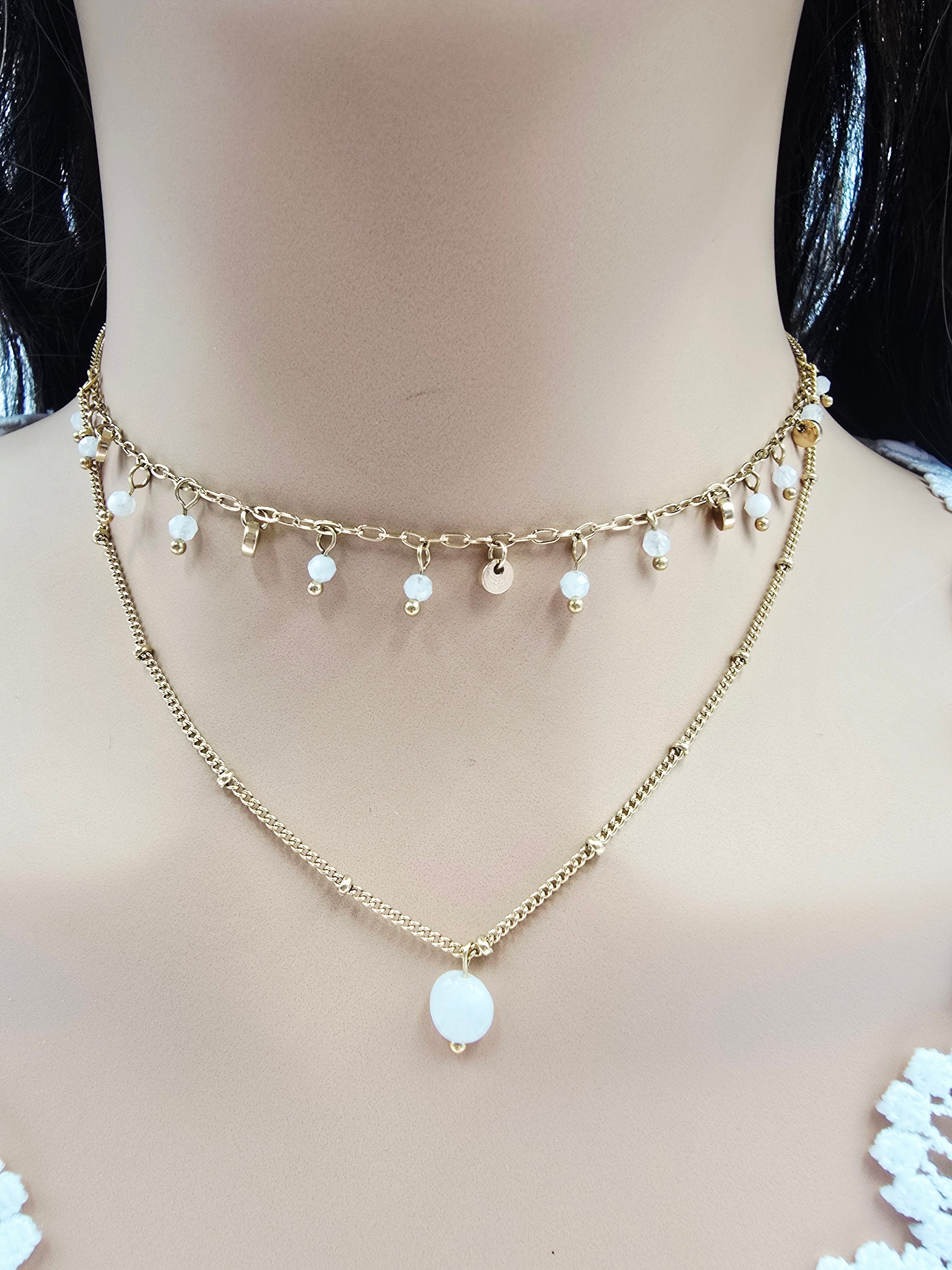 Collier JIM - Double Rang Pierre de Lune - 2 Chaînes Dorées