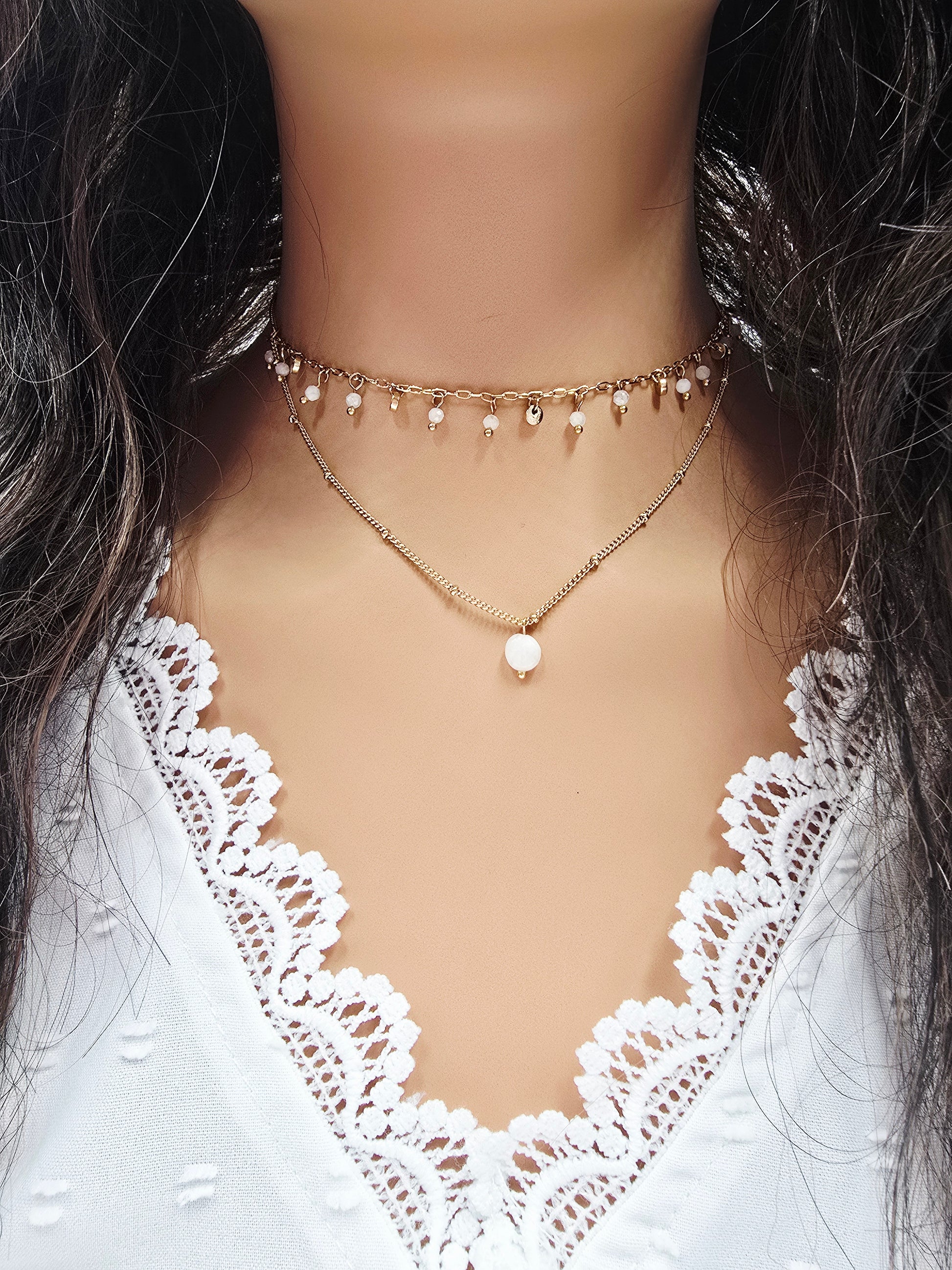 Collier JIM - Double Rang Pierre de Lune - 2 Chaînes Dorées