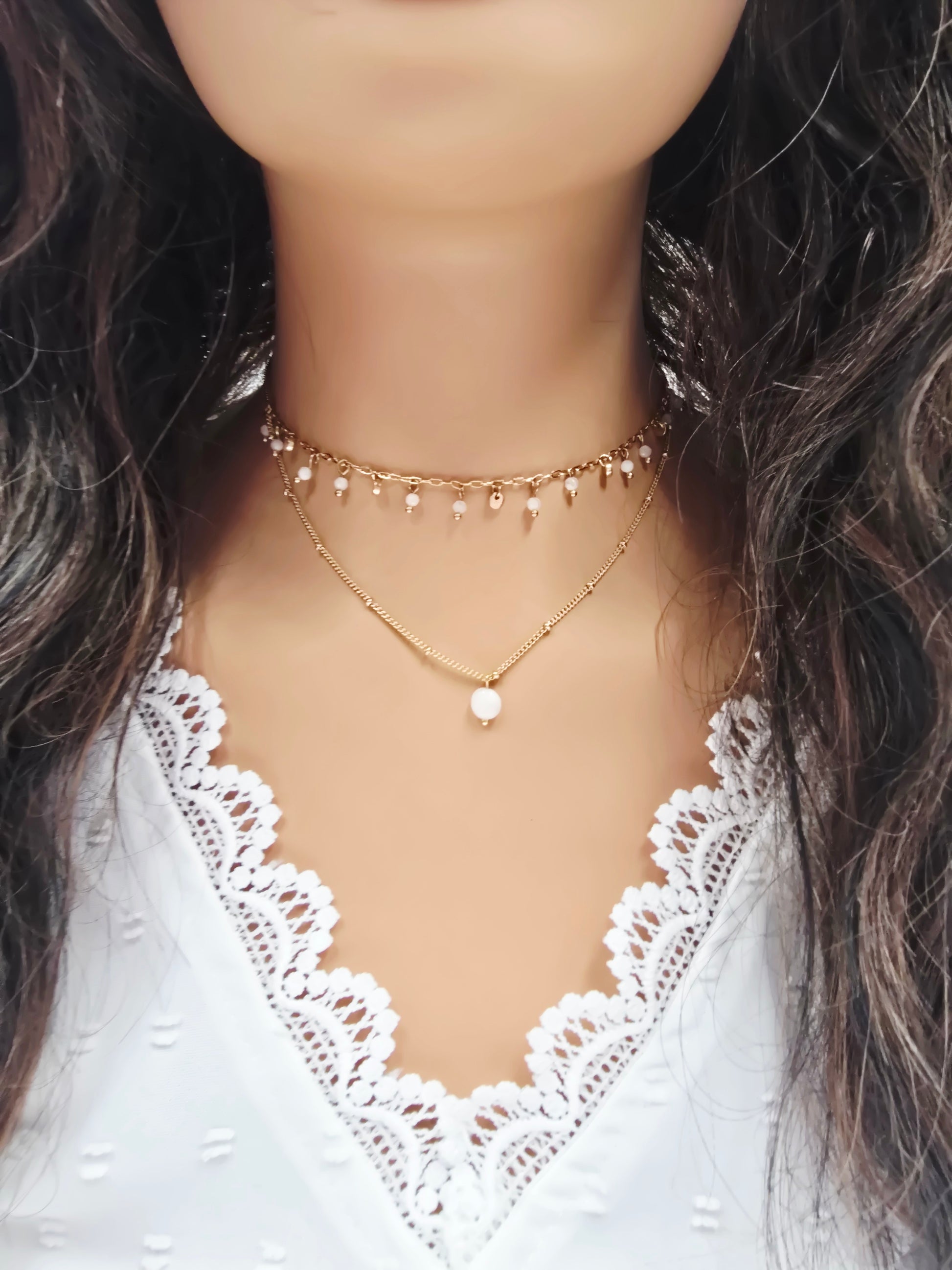 Collier JIM - Double Rang Pierre de Lune - 2 Chaînes Dorées