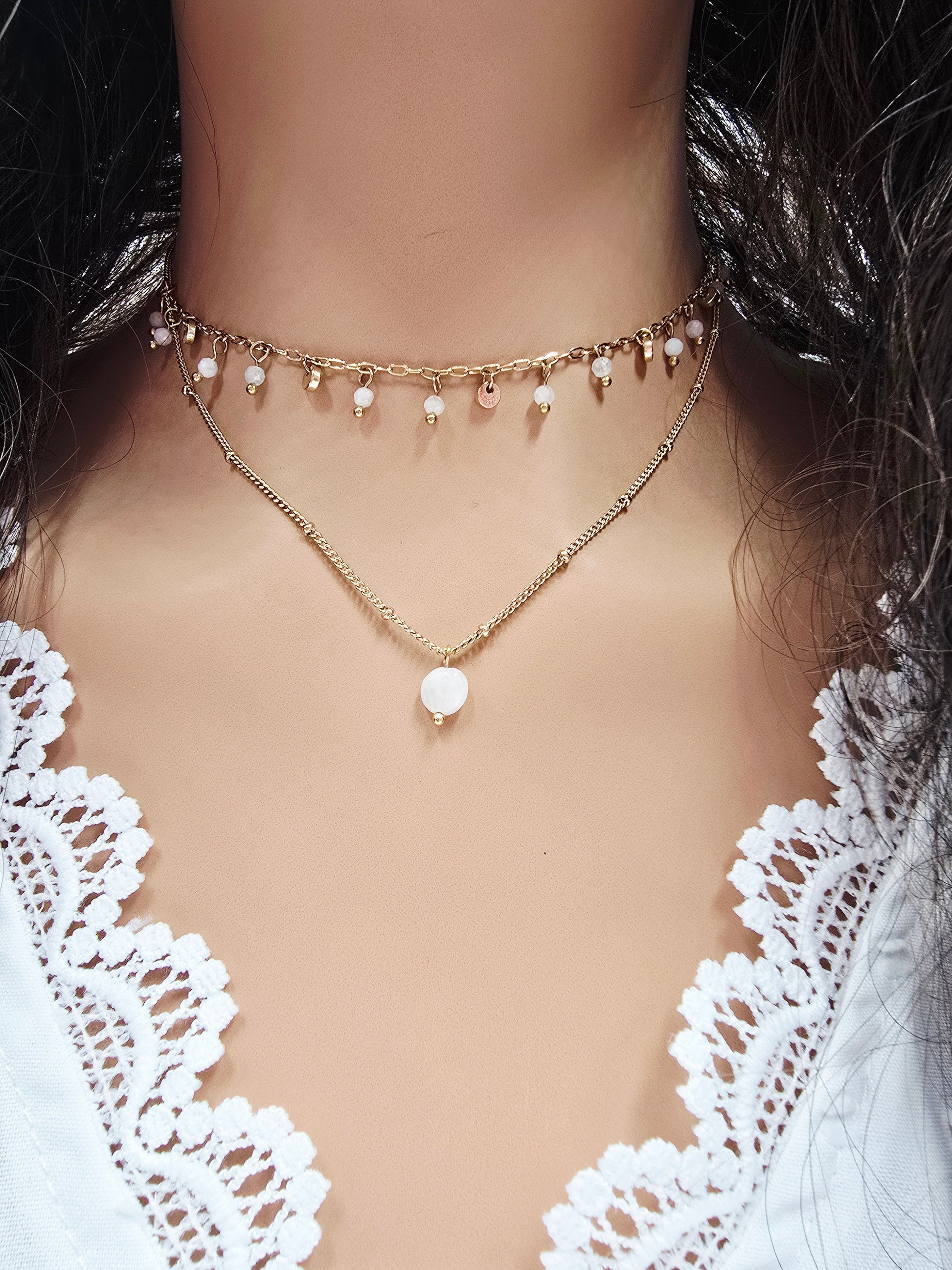 Collier JIM - Double Rang Pierre de Lune - 2 Chaînes Dorées