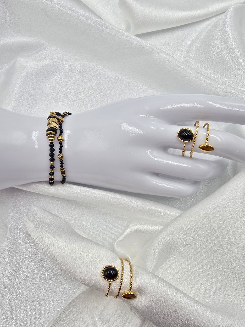 Bague ANISSA - Pierre de Lune, Turquoise Africaine ou Tourmaline Noire - Triple Anneau Doré