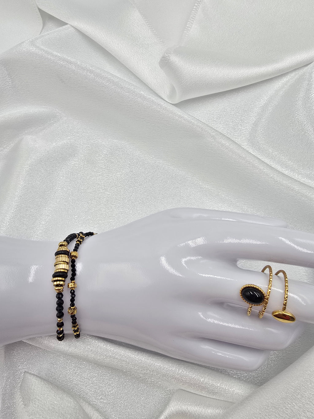 Bague ANISSA - Pierre de Lune, Turquoise Africaine ou Tourmaline Noire - Triple Anneau Doré