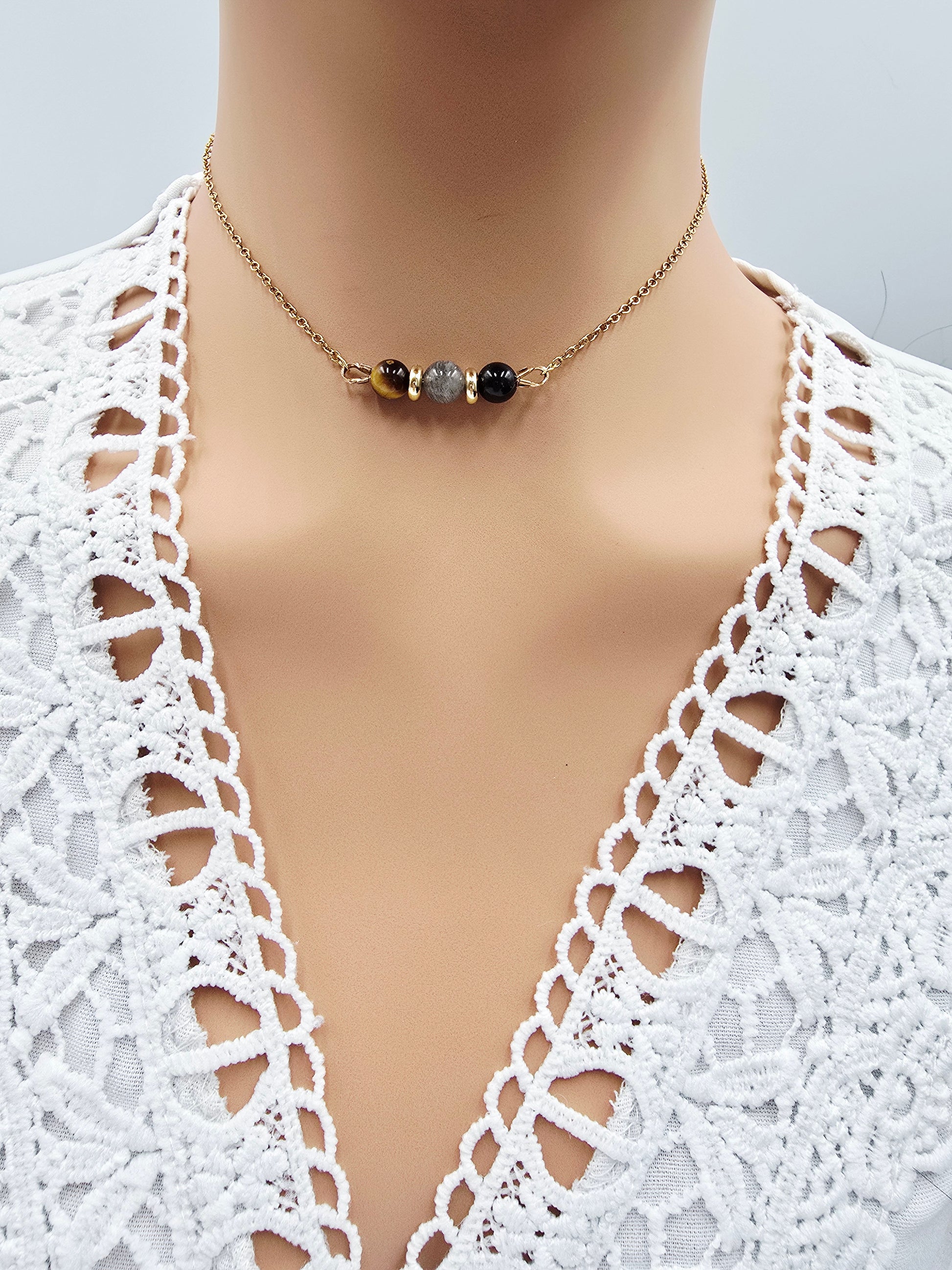 Collier Triple Protection | Œil de Tigre, Labradorite & Obsidienne Noire