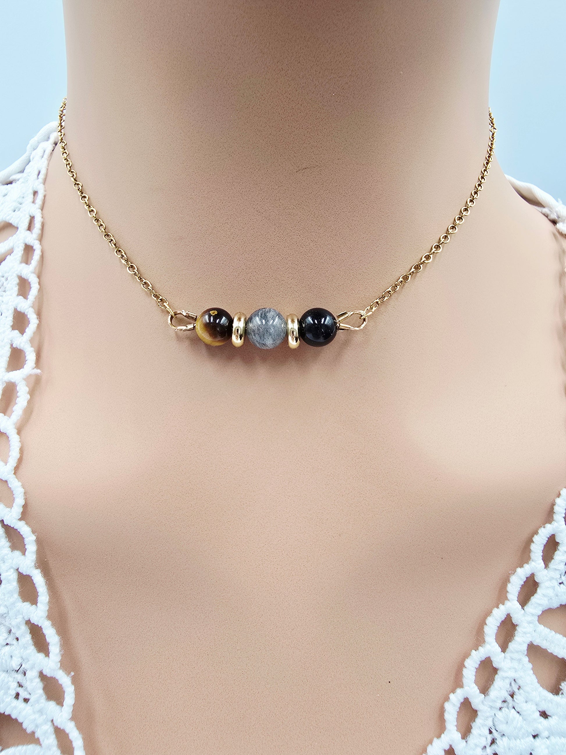 Collier Triple Protection | Œil de Tigre, Labradorite & Obsidienne Noire