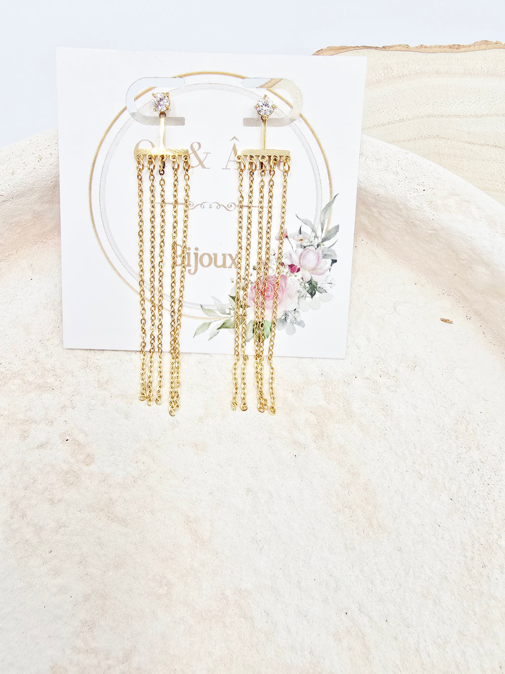 Boucles d'Oreilles DIVINA — Puces Strass & Chaînes Pendantes Dorées