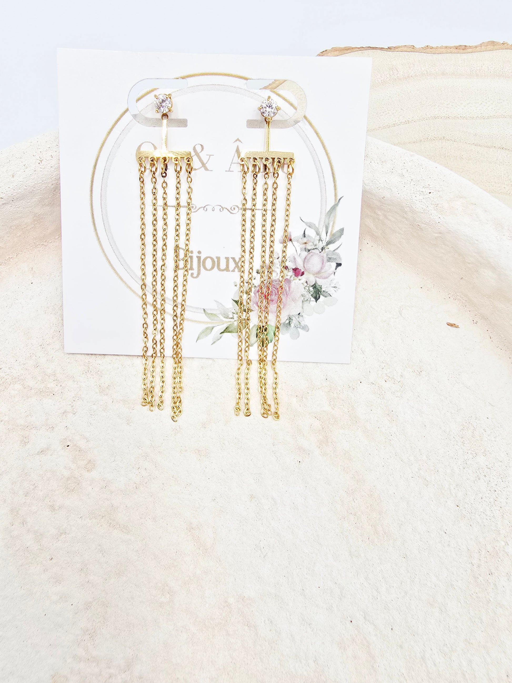 Boucles d'Oreilles DIVINA — Puces Strass & Chaînes Pendantes Dorées