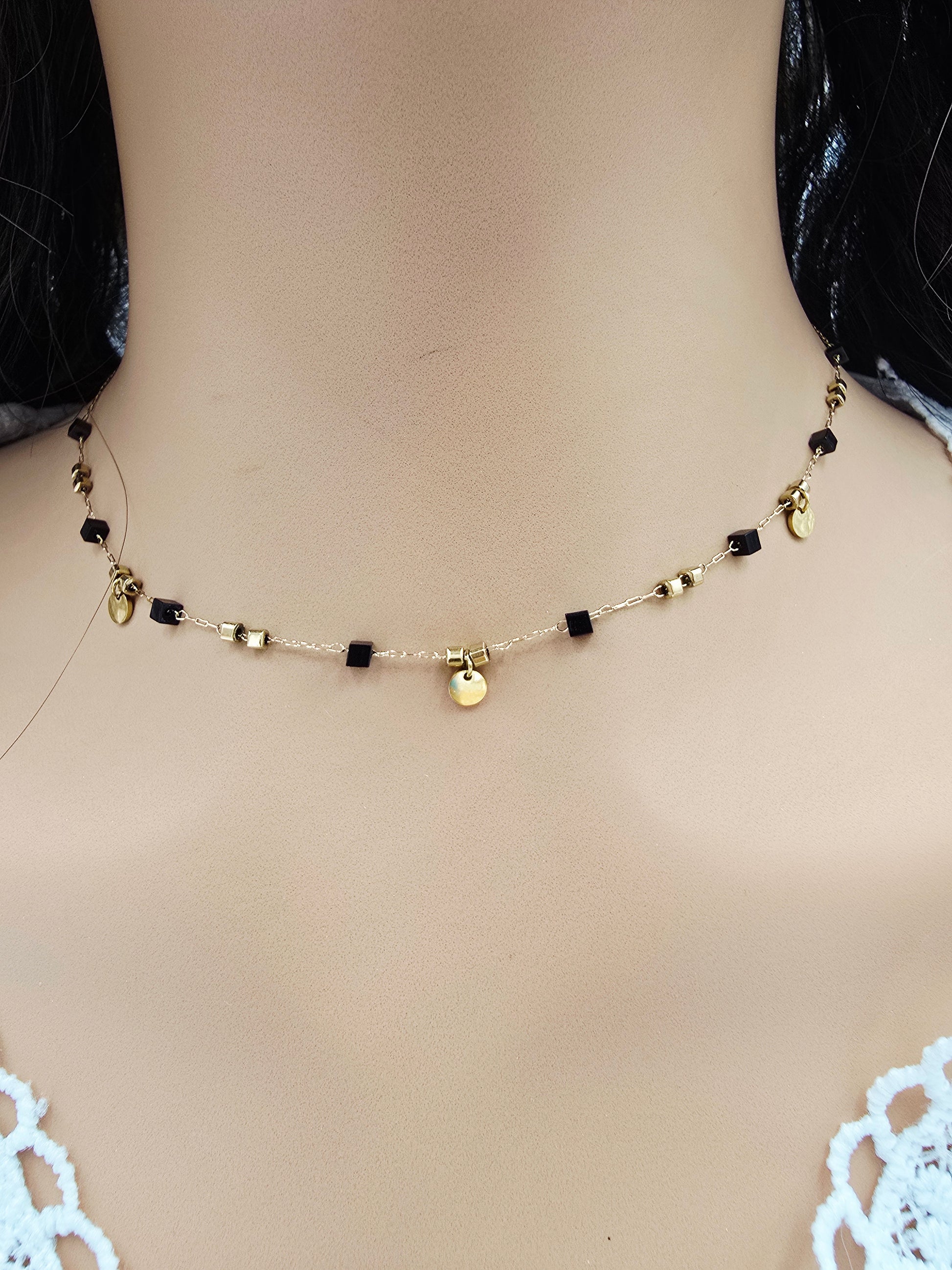 Collier BETTY | Perles Naturelles Tourmaline ou Onyx | Pampilles Dorées | Acier Inoxydable | Or et Âme Bijoux