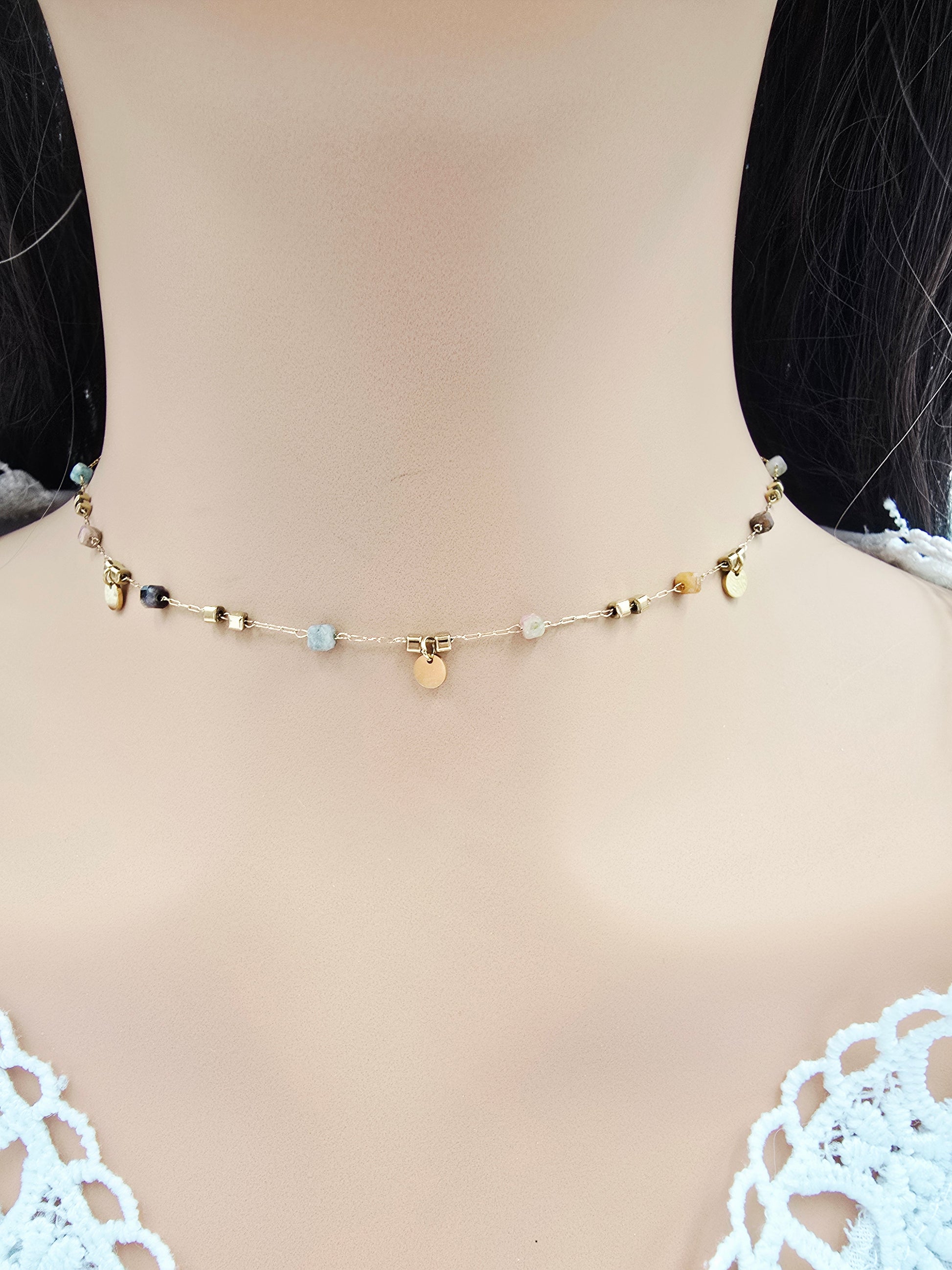 Collier BETTY | Perles Naturelles Tourmaline ou Onyx | Pampilles Dorées | Acier Inoxydable | Or et Âme Bijoux
