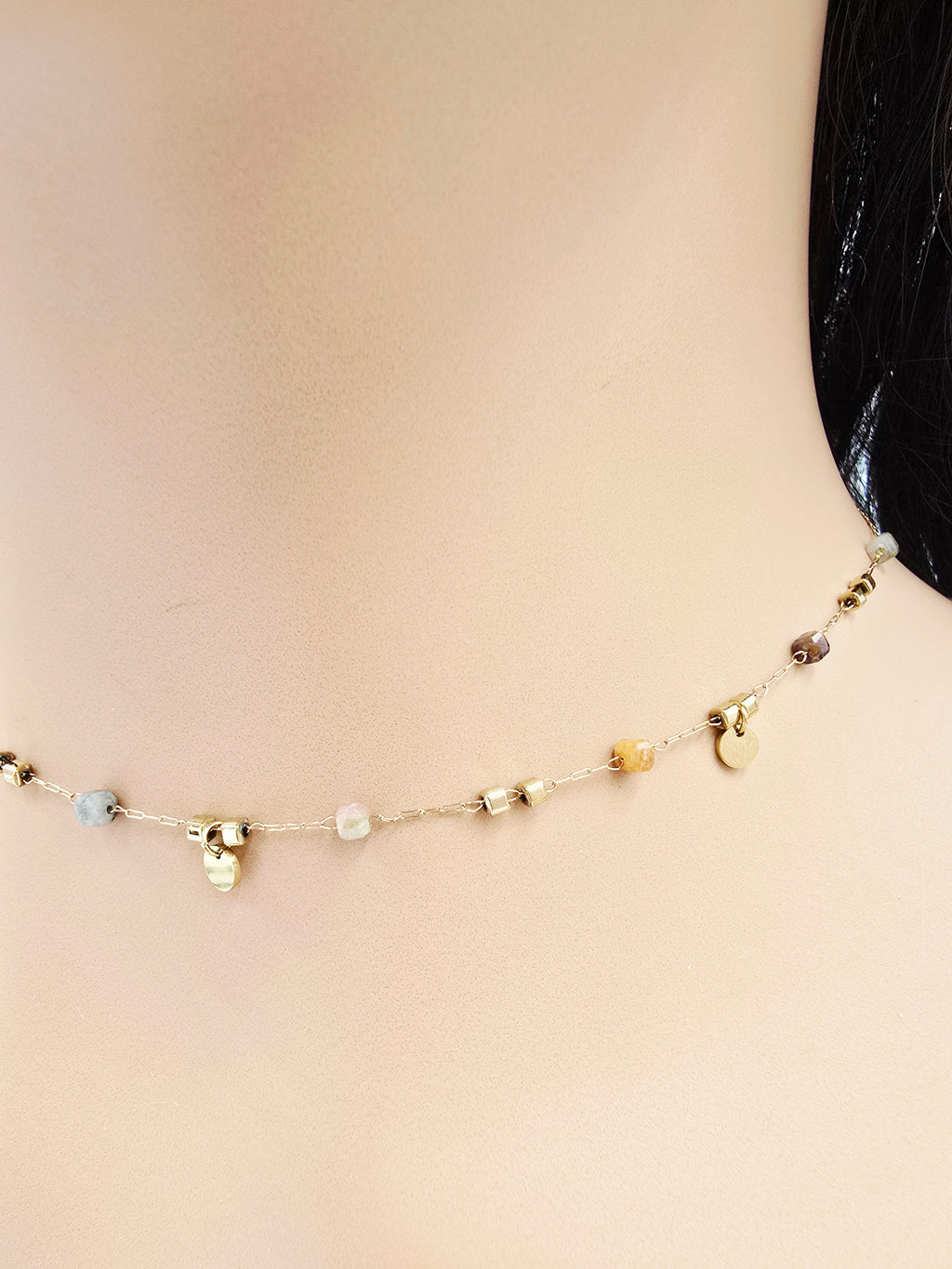 Collier BETTY | Perles Naturelles Tourmaline ou Onyx | Pampilles Dorées | Acier Inoxydable | Or et Âme Bijoux