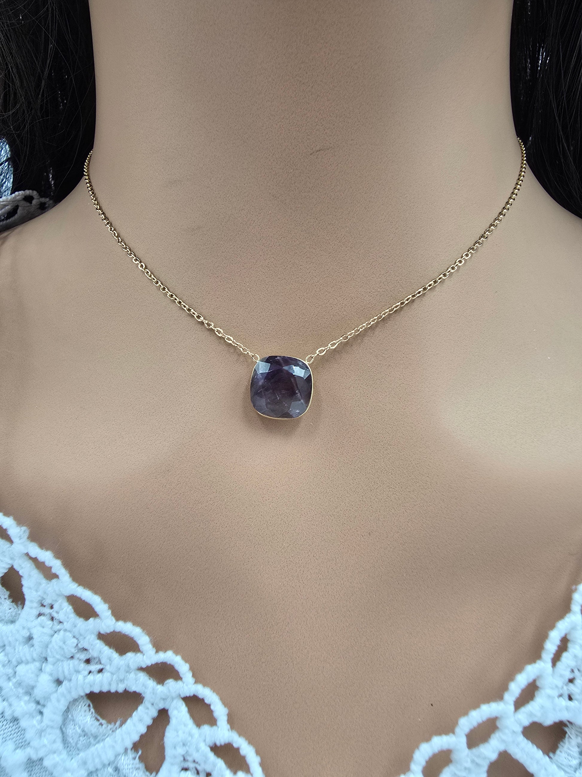 Collier ESMÉE | Pierre Naturelle Rhodonite ou Améthyste | Acier Inoxydable Doré | Or et Âme Bijoux