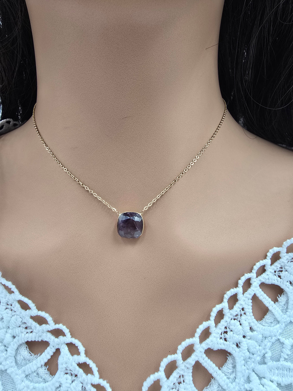 Collier ESMÉE | Pierre Naturelle Rhodonite ou Améthyste | Acier Inoxydable Doré | Or et Âme Bijoux