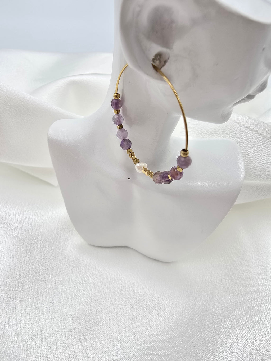 Créoles BOHEMIE – Agate Indienne, Rhodonite ou Améthyste & Perle d'Eau Douce