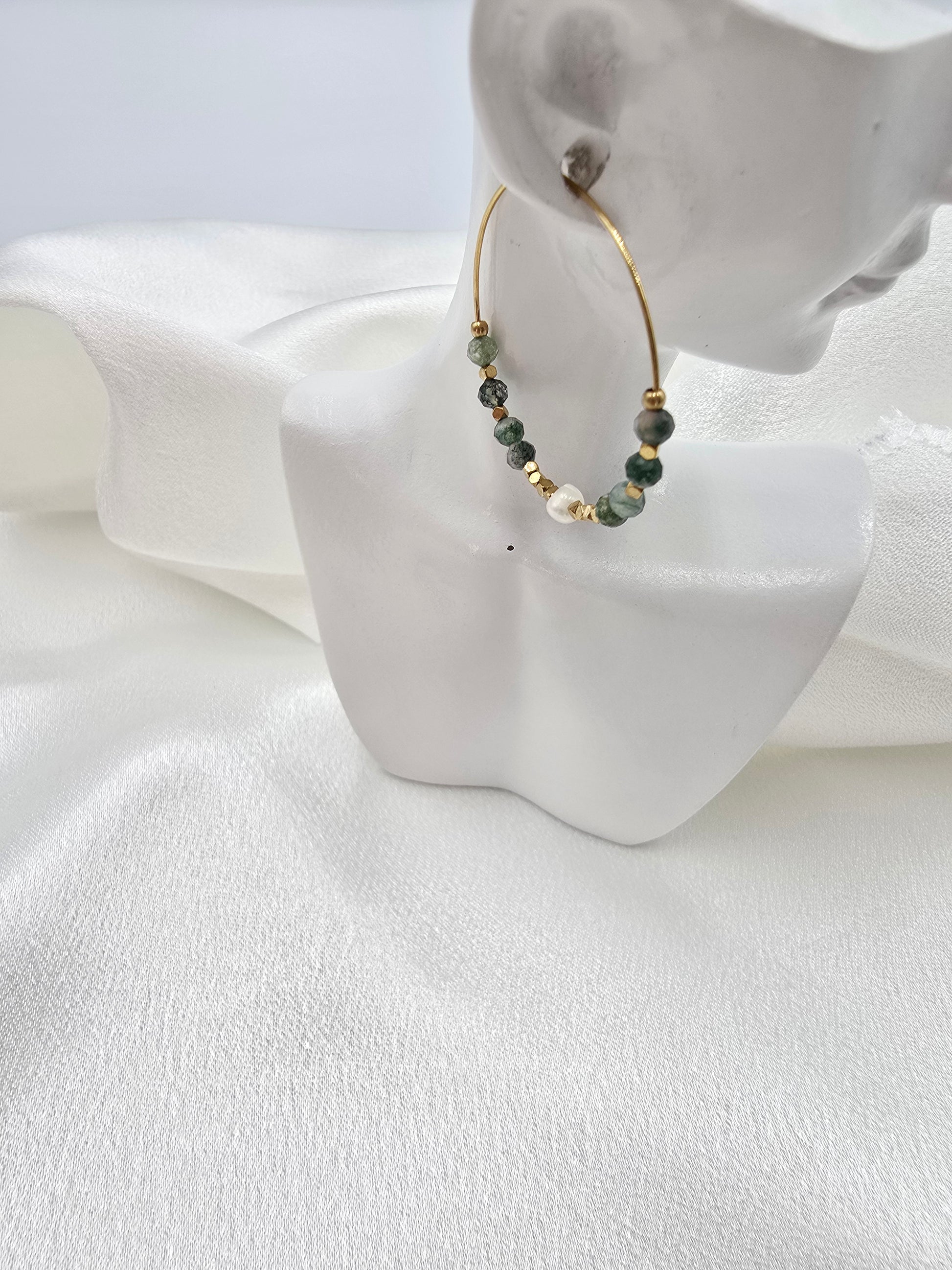 Créoles BOHEMIE – Agate Indienne, Rhodonite ou Améthyste & Perle d'Eau Douce