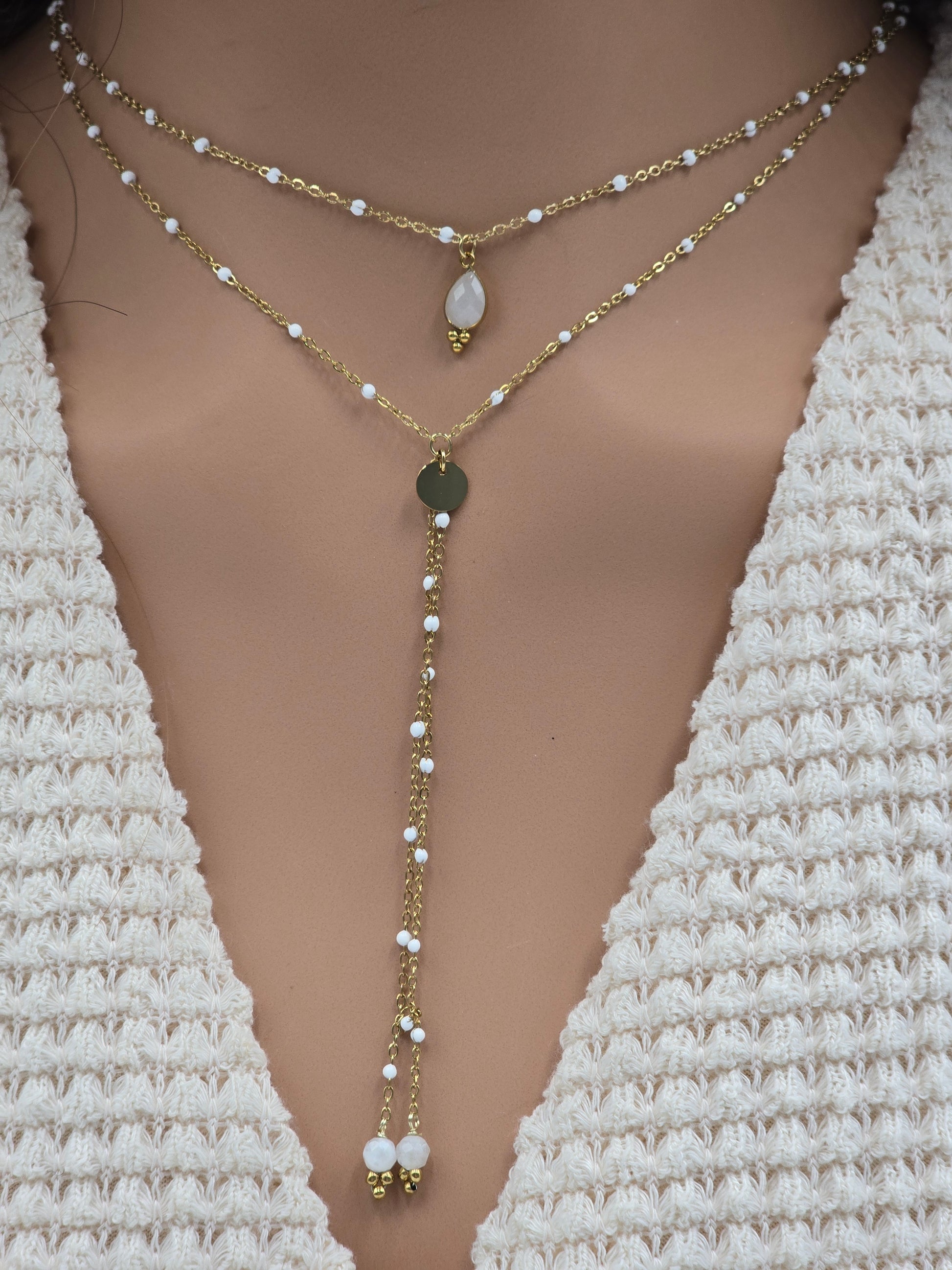 Collier ESTELINE – Agate Blanche, Amazonite, Labradorite ou Améthyste