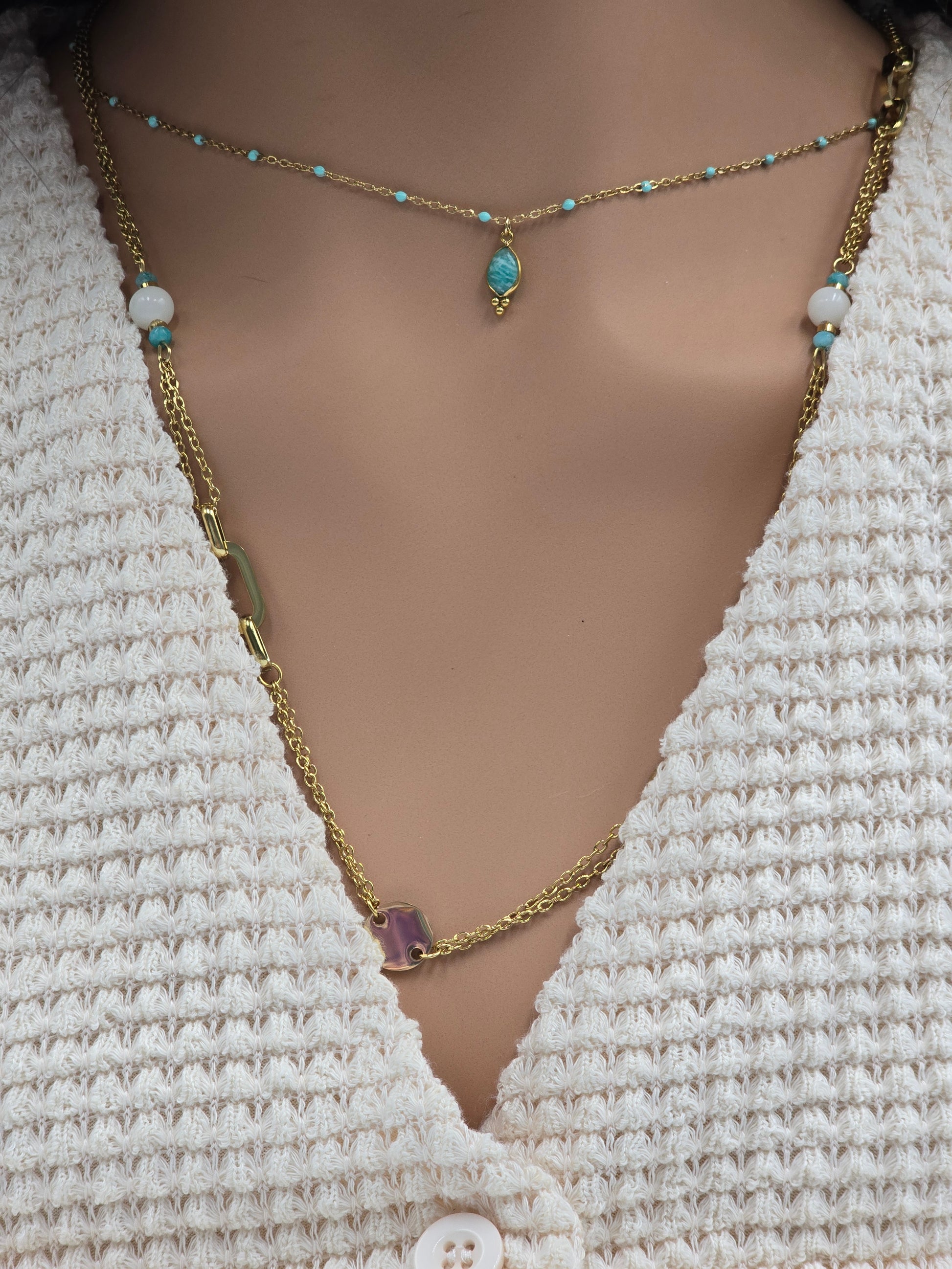 Collier ESTELINE – Agate Blanche, Amazonite, Labradorite ou Améthyste