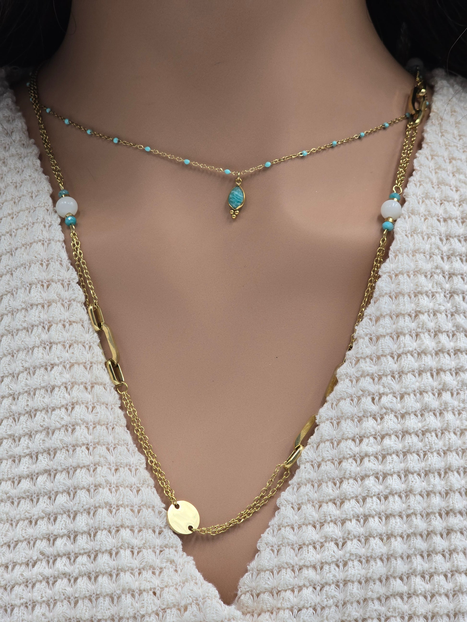 Collier ESTELINE – Agate Blanche, Amazonite, Labradorite ou Améthyste