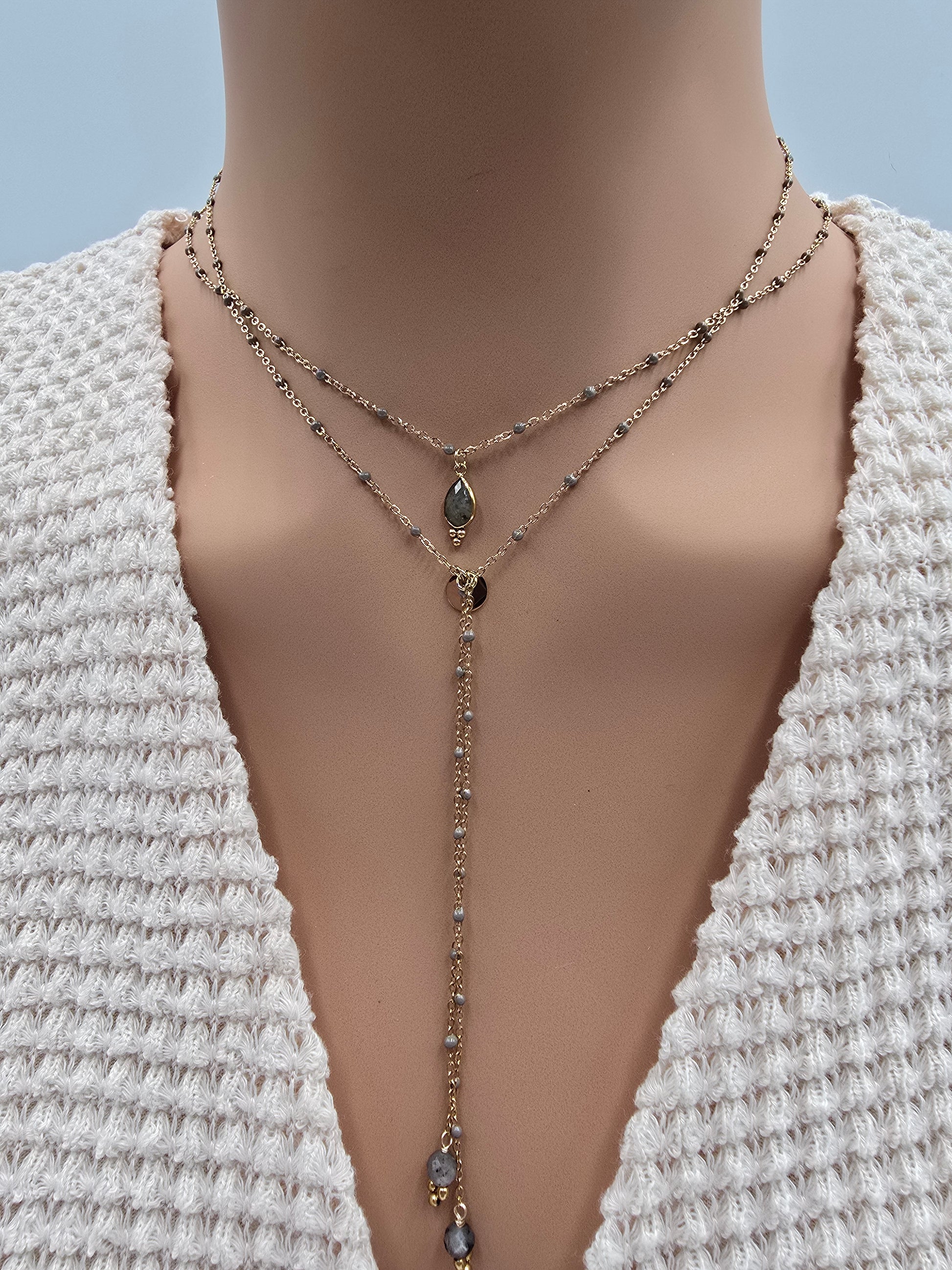 Collier ESTELINE – Agate Blanche, Amazonite, Labradorite ou Améthyste