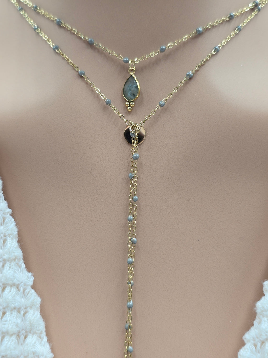 Collier ESTELINE – Agate Blanche, Amazonite, Labradorite ou Améthyste