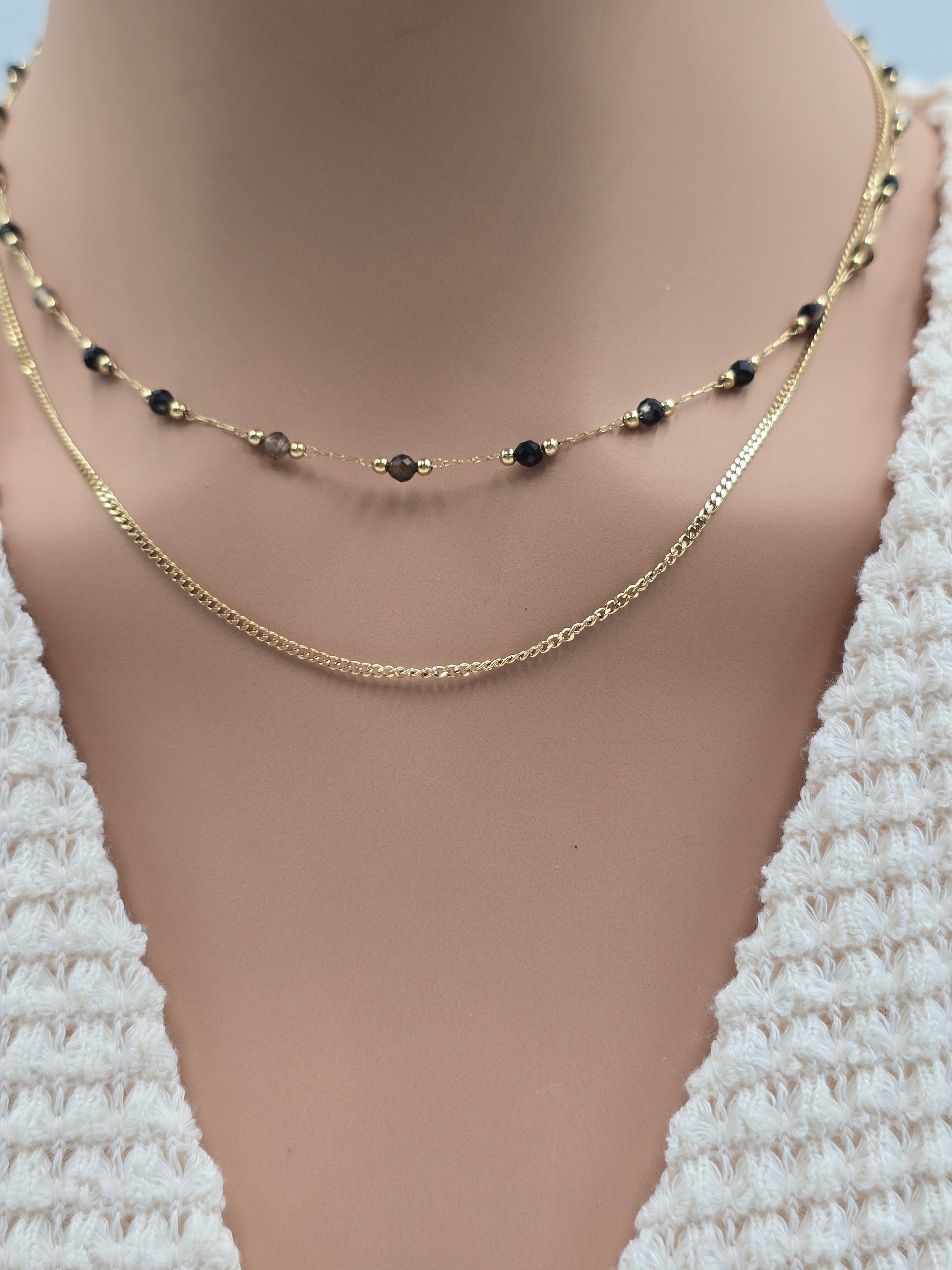 Collier Double JENE – Agate Noire, Rhodonite, Malachite, Amazonite, Tourmaline Colorée ou Turquoise Africaine