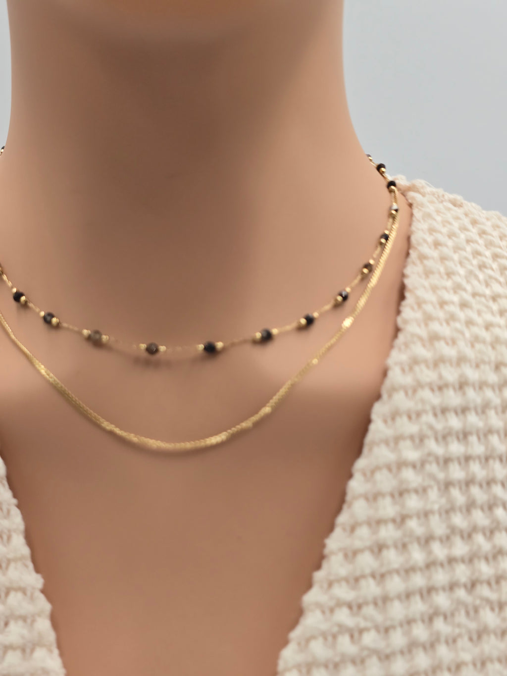 Collier Double JENE – Agate Noire, Rhodonite, Malachite, Amazonite, Tourmaline Colorée ou Turquoise Africaine