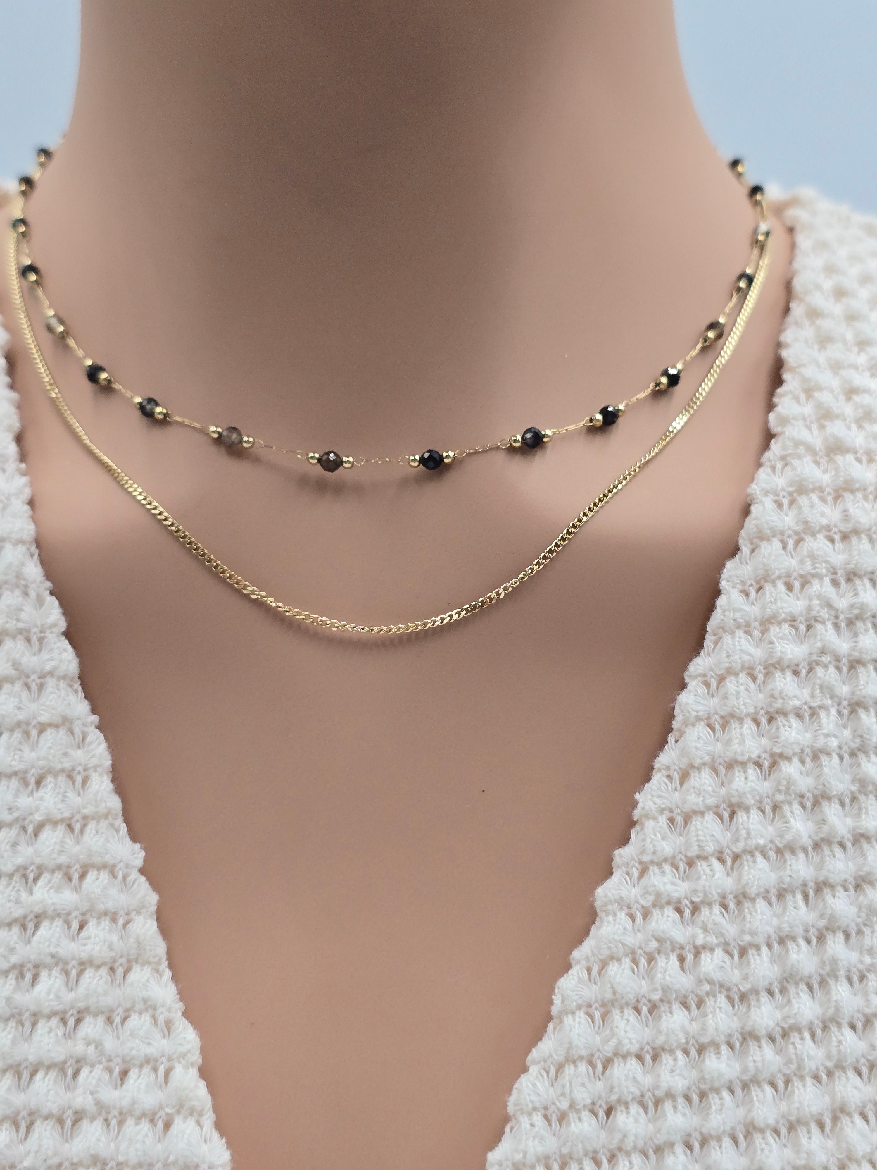 Collier Double JENE – Agate Noire, Rhodonite, Malachite, Amazonite, Tourmaline Colorée ou Turquoise Africaine