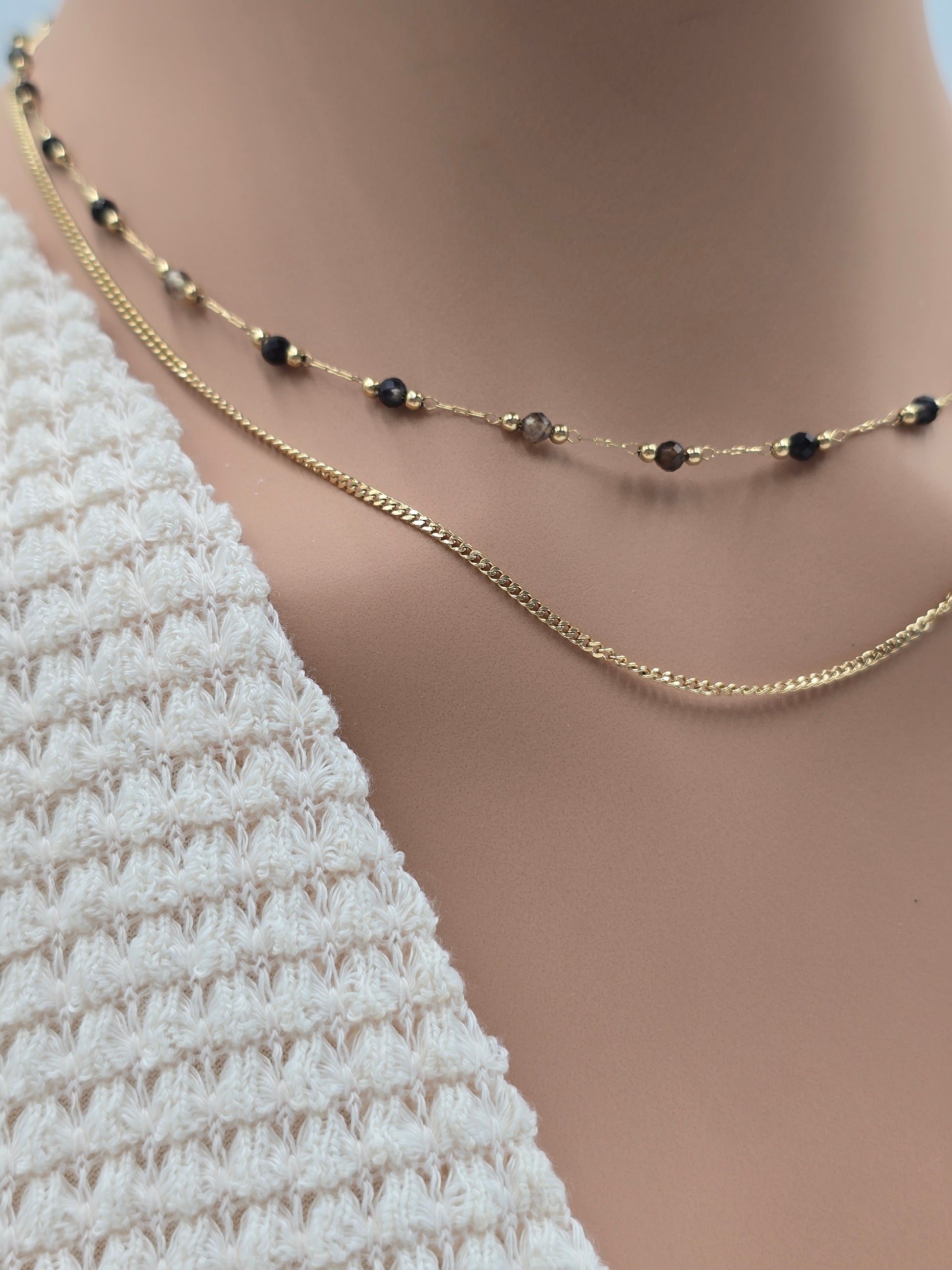 Collier Double JENE – Agate Noire, Rhodonite, Malachite, Amazonite, Tourmaline Colorée ou Turquoise Africaine
