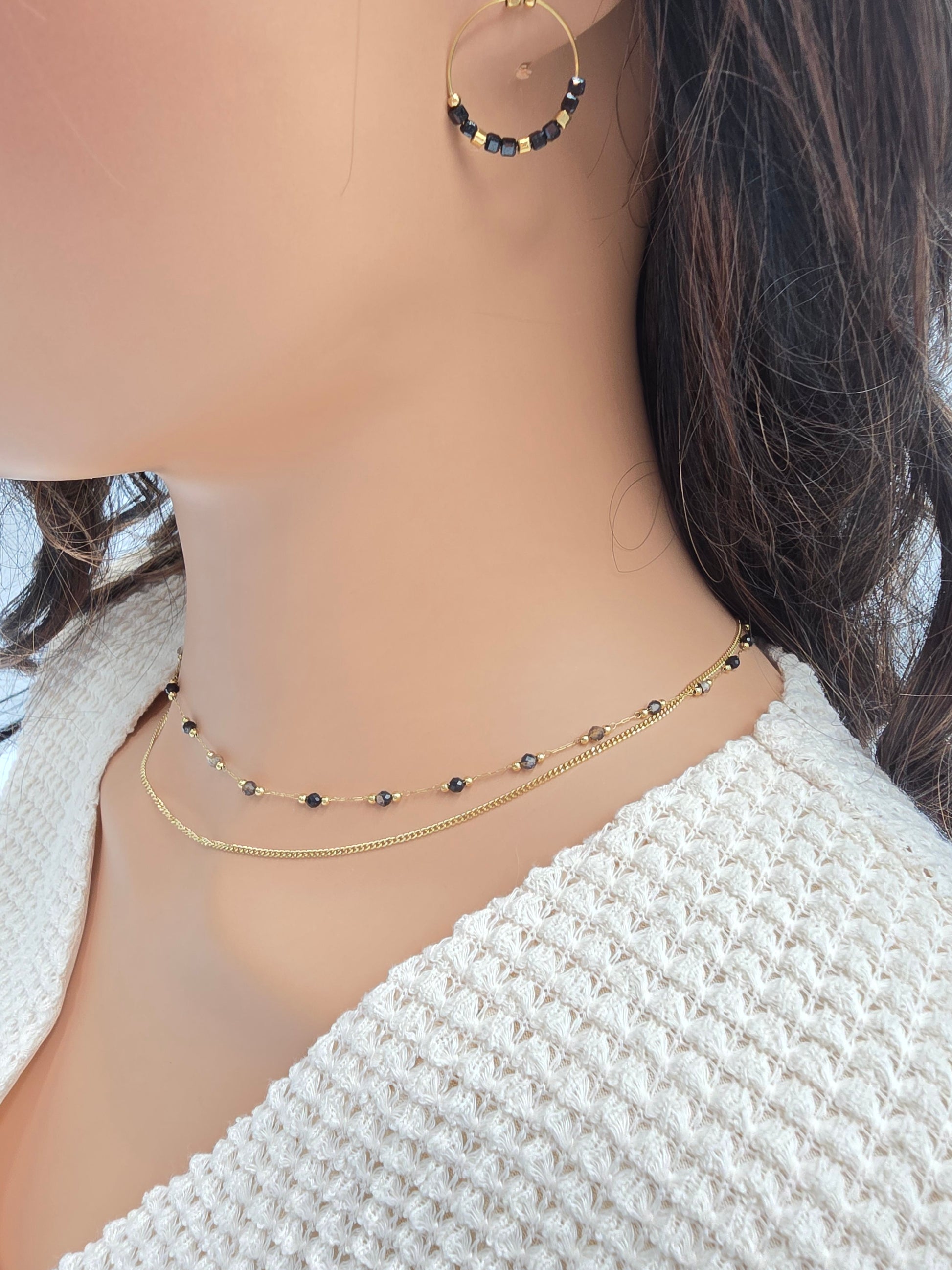 Collier Double JENE – Agate Noire, Rhodonite, Malachite, Amazonite, Tourmaline Colorée ou Turquoise Africaine