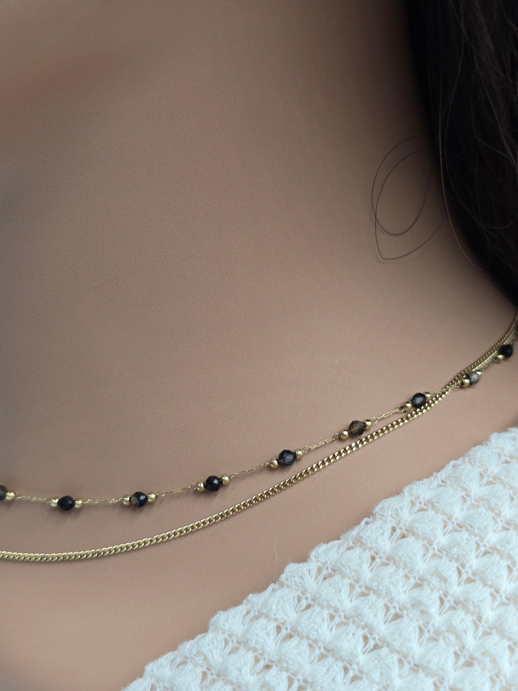 Collier Double JENE – Agate Noire, Rhodonite, Malachite, Amazonite, Tourmaline Colorée ou Turquoise Africaine
