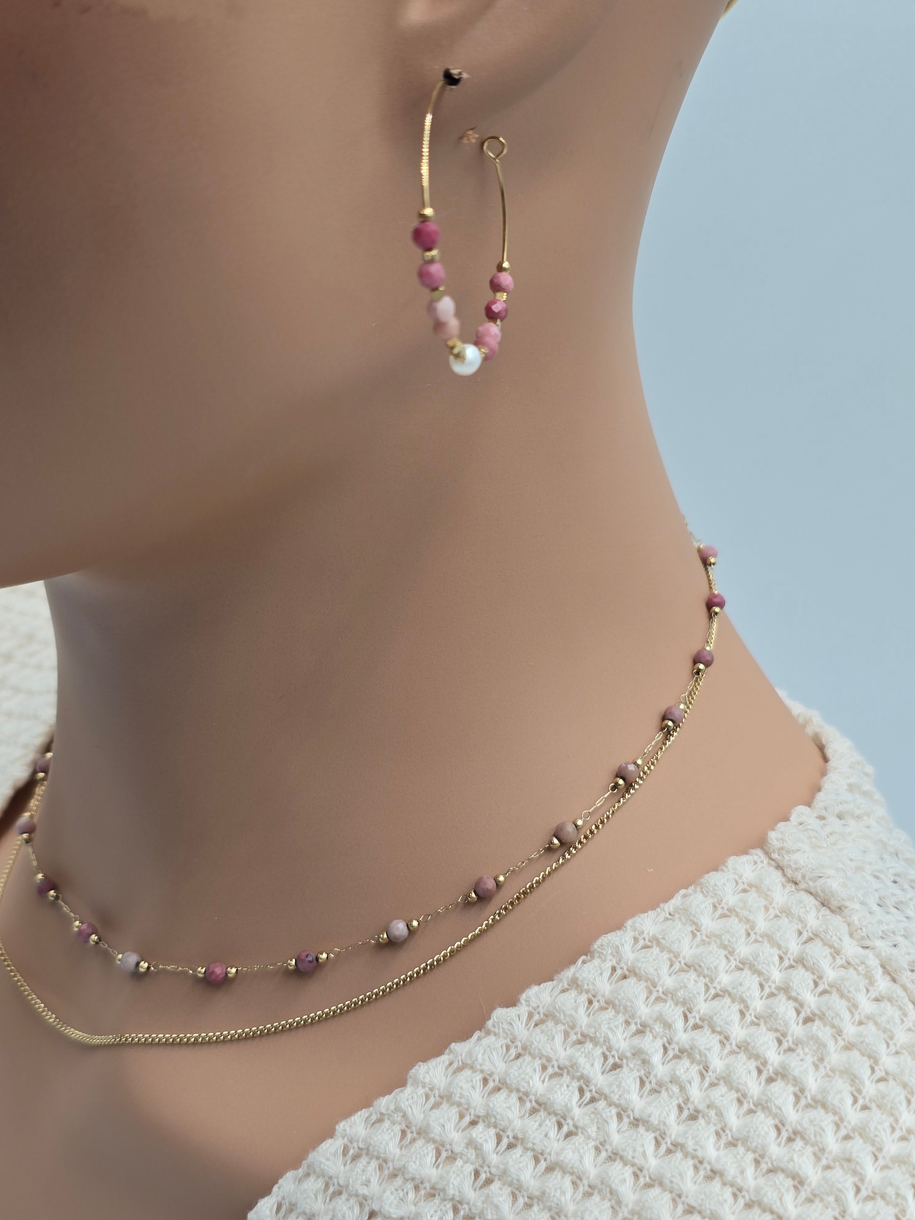 Créoles BOHEMIE – Agate Indienne, Rhodonite ou Améthyste & Perle d'Eau Douce