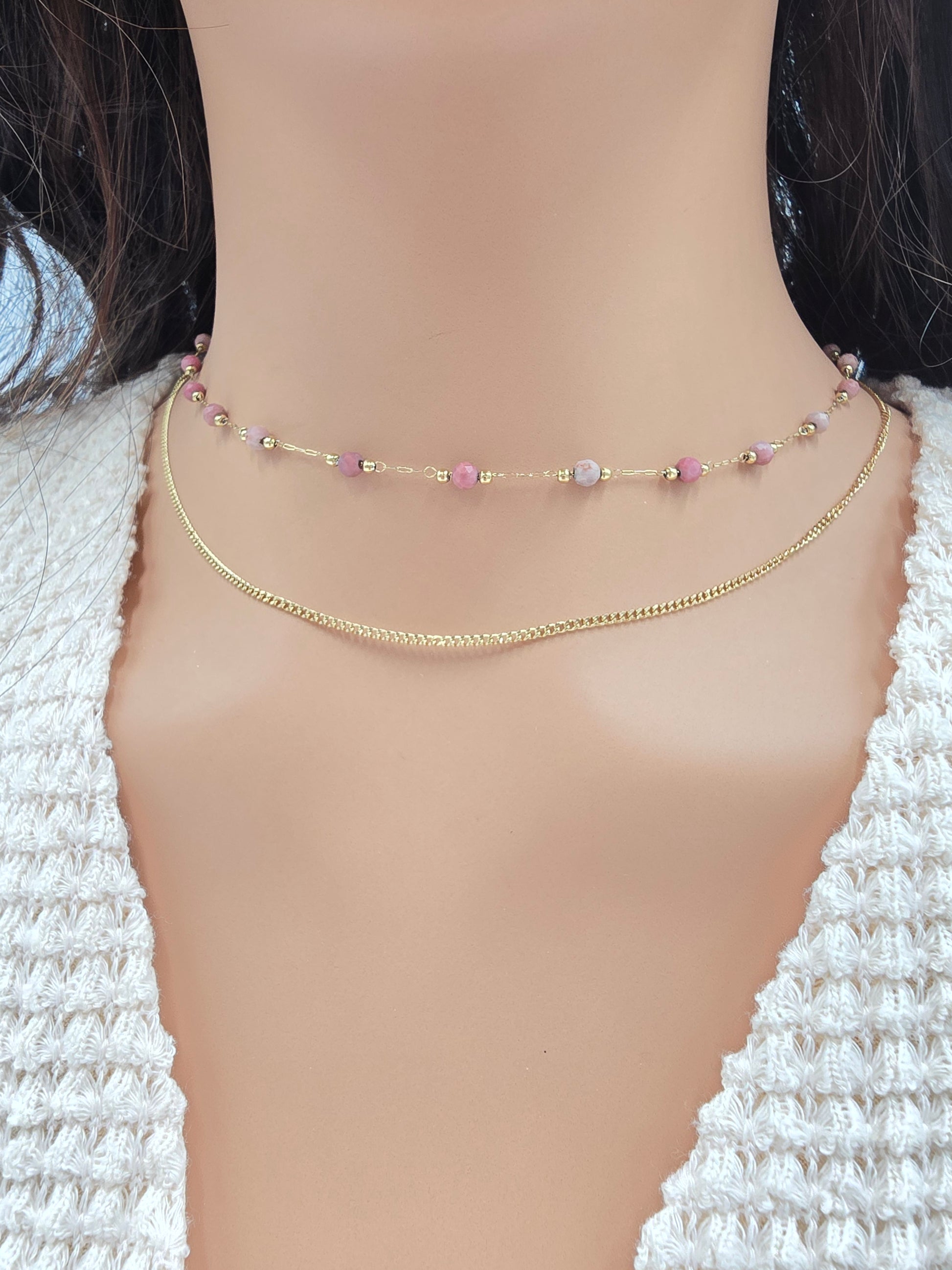 Collier Double JENE – Agate Noire, Rhodonite, Malachite, Amazonite, Tourmaline Colorée ou Turquoise Africaine