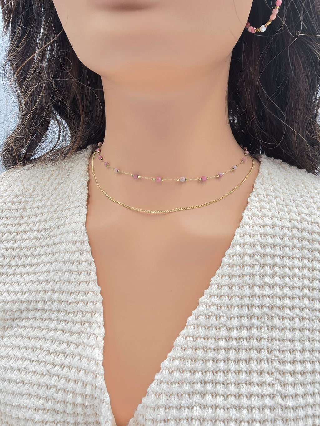 Collier Double JENE – Agate Noire, Rhodonite, Malachite, Amazonite, Tourmaline Colorée ou Turquoise Africaine
