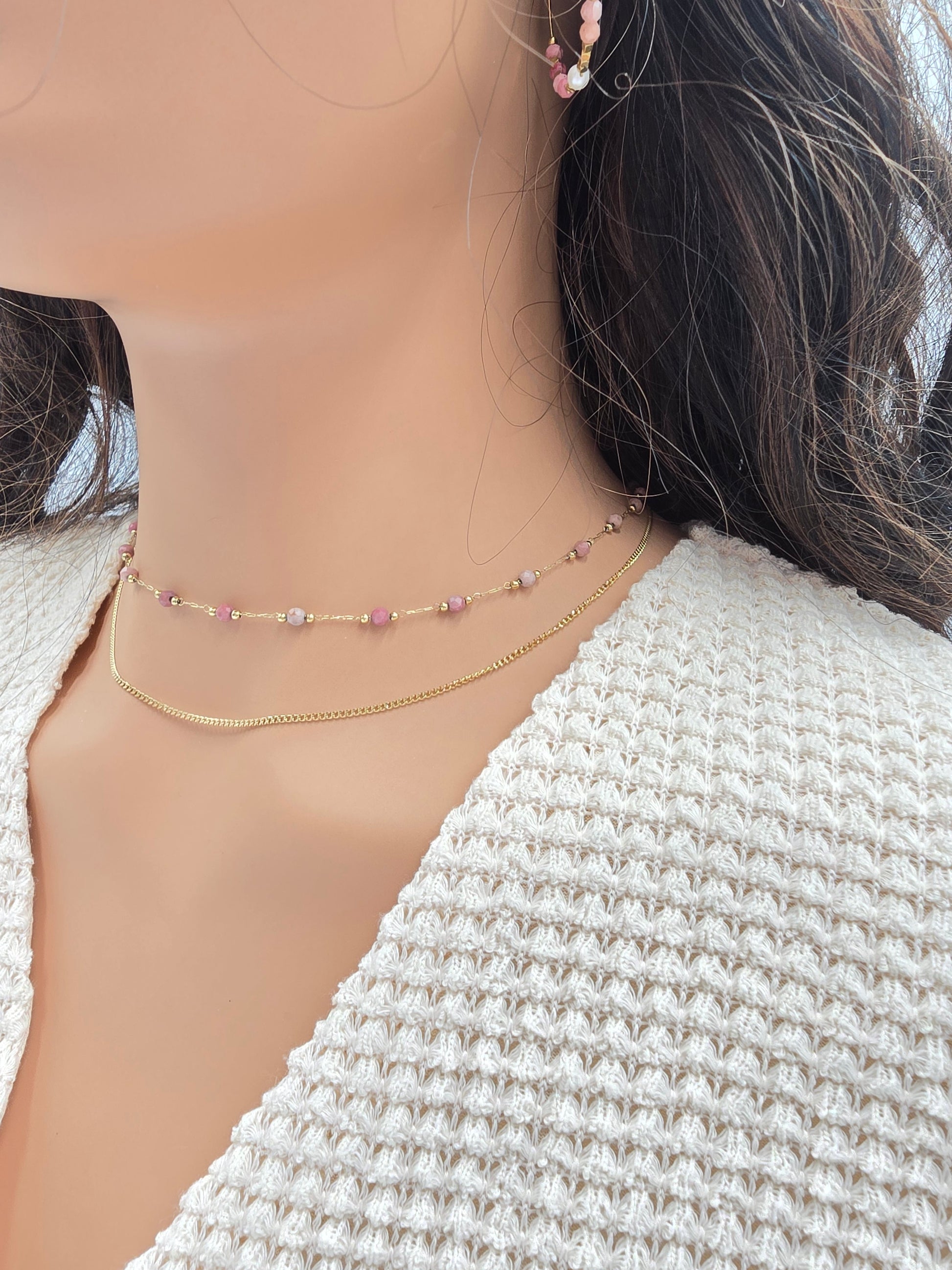 Collier Double JENE – Agate Noire, Rhodonite, Malachite, Amazonite, Tourmaline Colorée ou Turquoise Africaine