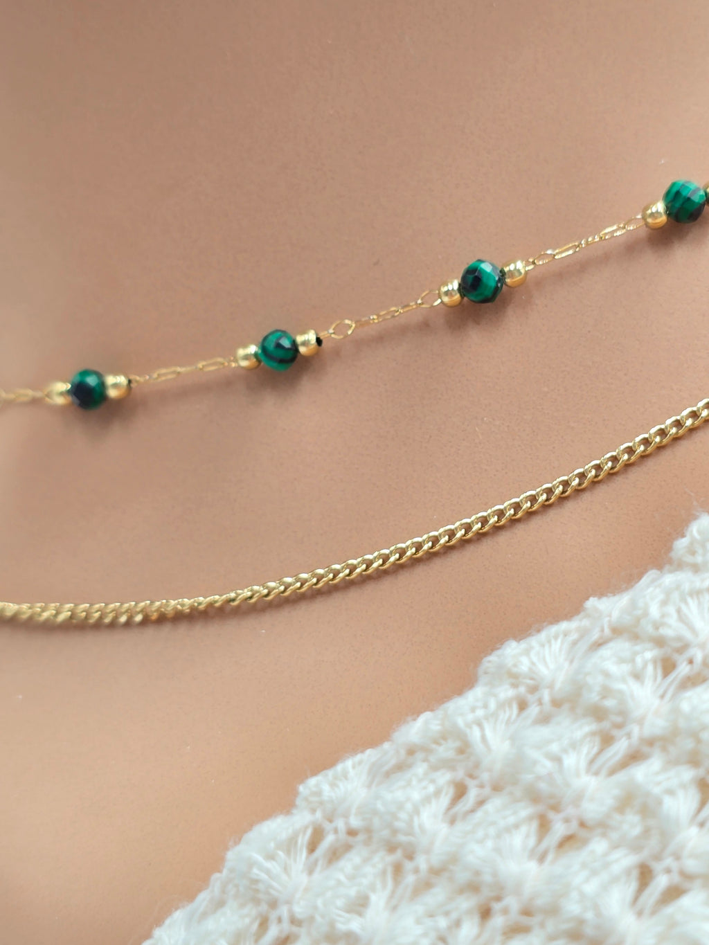 Collier Double JENE – Agate Noire, Rhodonite, Malachite, Amazonite, Tourmaline Colorée ou Turquoise Africaine