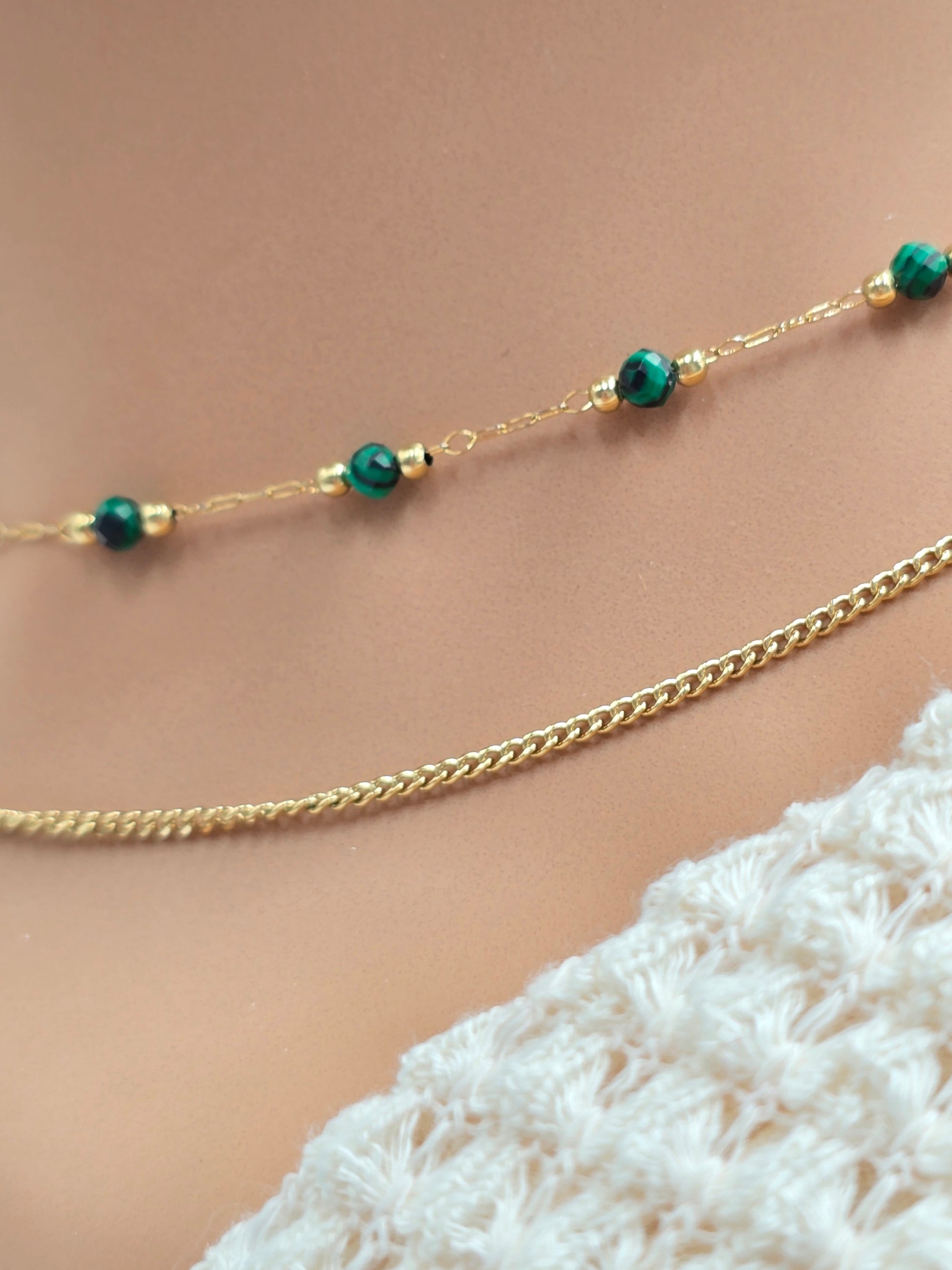 Collier Double JENE – Agate Noire, Rhodonite, Malachite, Amazonite, Tourmaline Colorée ou Turquoise Africaine