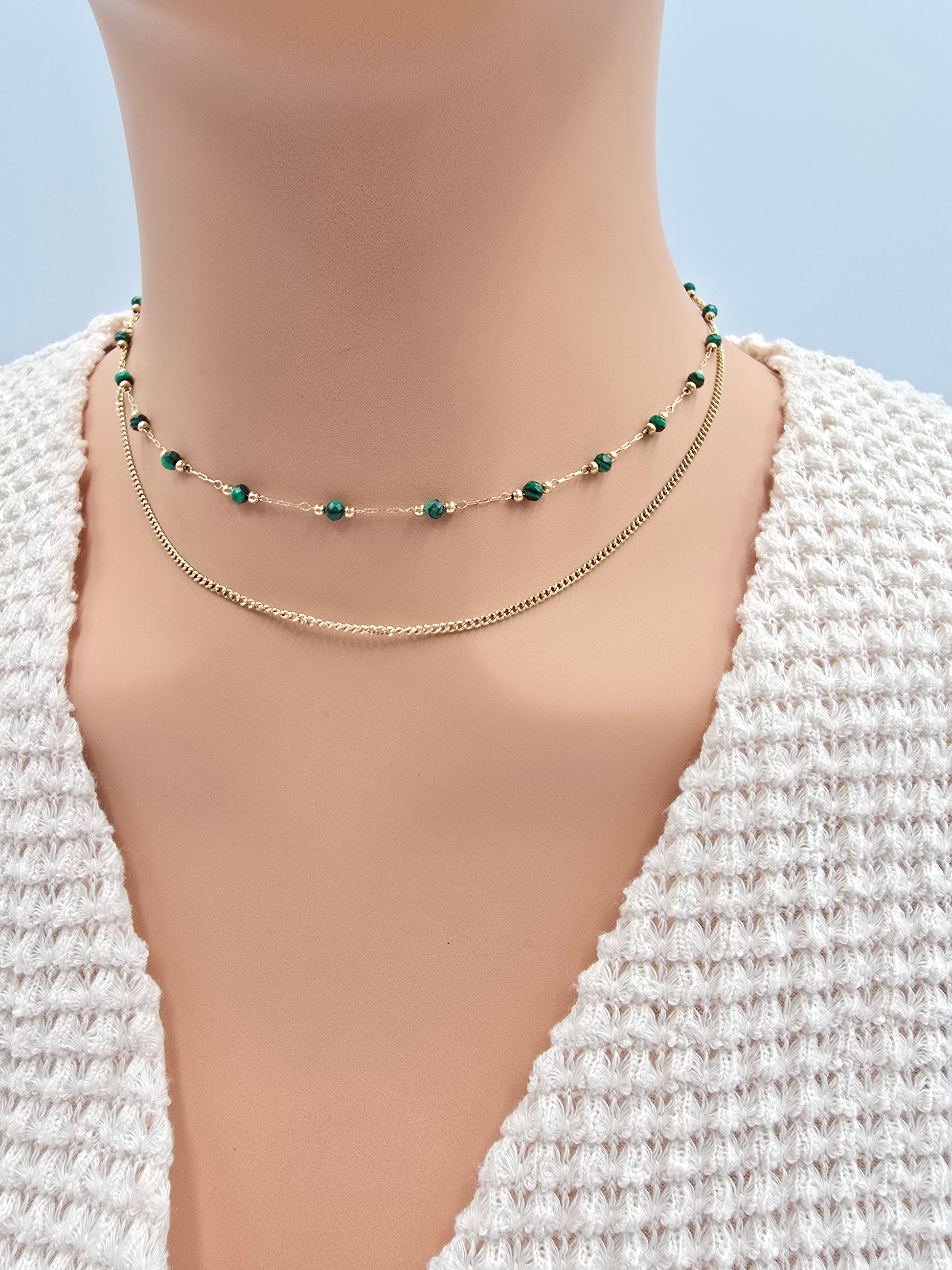 Collier Double JENE – Agate Noire, Rhodonite, Malachite, Amazonite, Tourmaline Colorée ou Turquoise Africaine