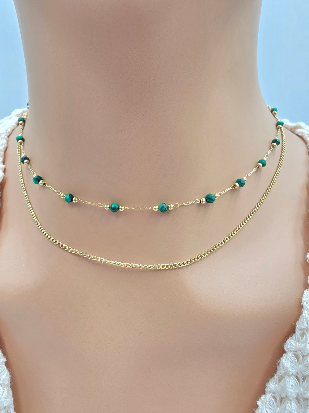 Collier Double JENE – Agate Noire, Rhodonite, Malachite, Amazonite, Tourmaline Colorée ou Turquoise Africaine