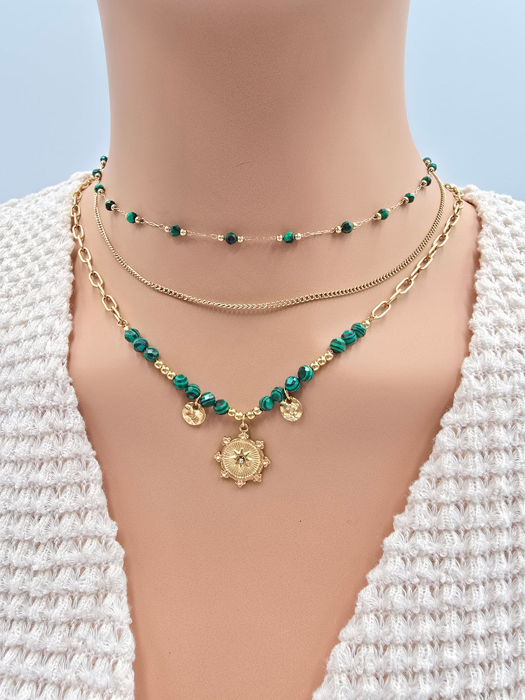 Collier Double JENE – Agate Noire, Rhodonite, Malachite, Amazonite, Tourmaline Colorée ou Turquoise Africaine