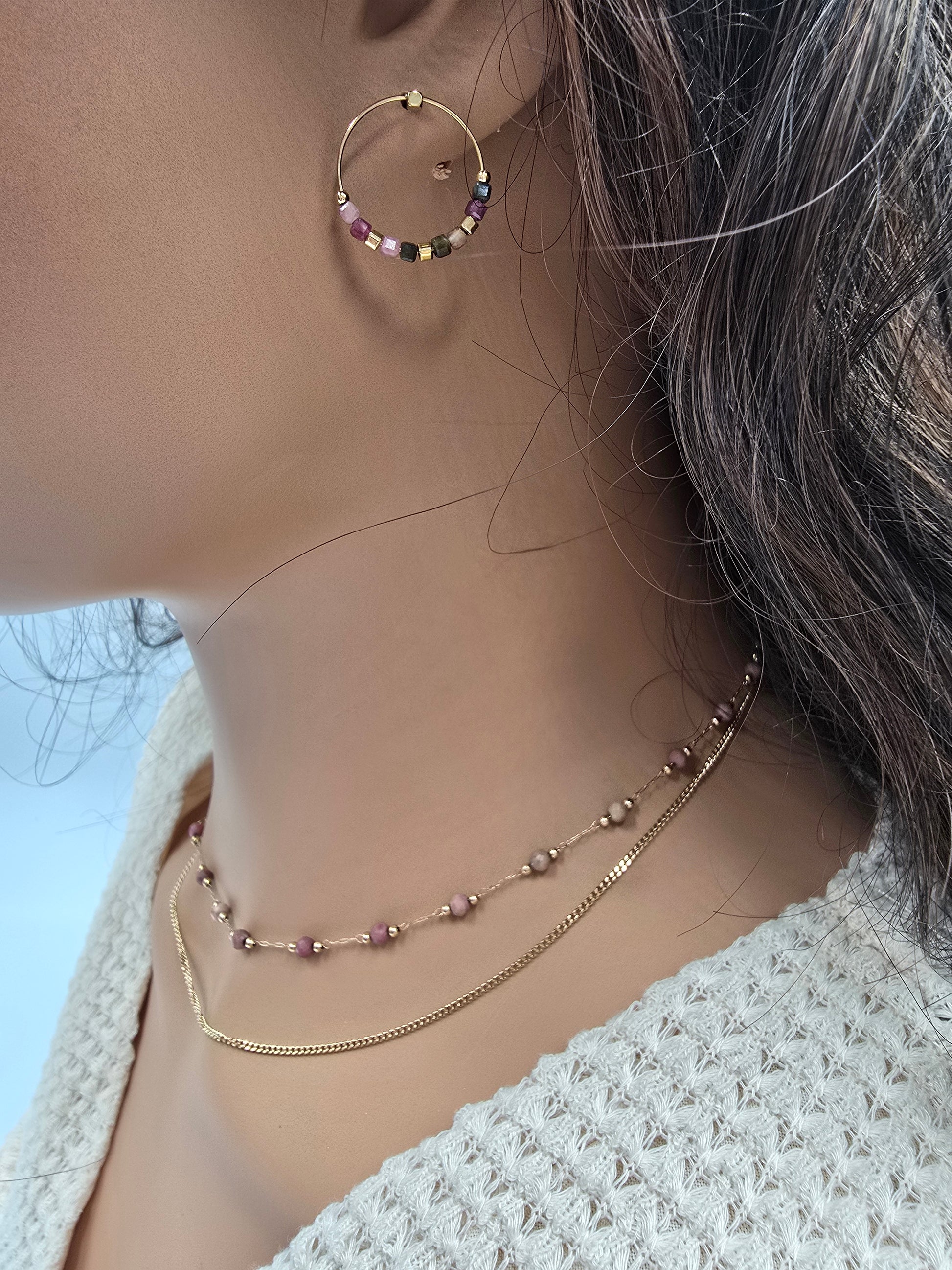 Collier Double JENE – Agate Noire, Rhodonite, Malachite, Amazonite, Tourmaline Colorée ou Turquoise Africaine